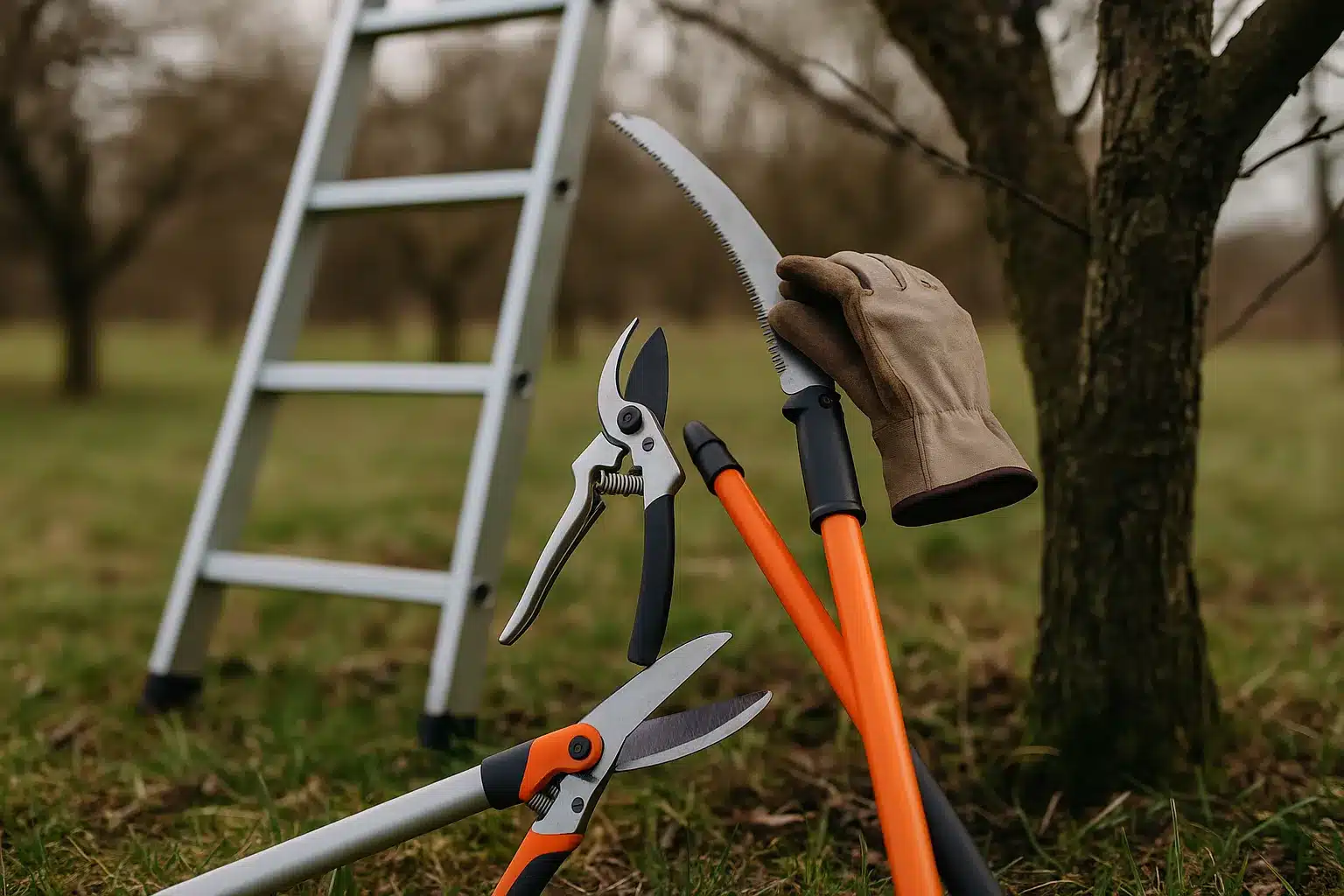 Werkzeugset für Obstbäume schneiden: Schere, Zugsäge, Teleskop, Handschuhe und Leiter