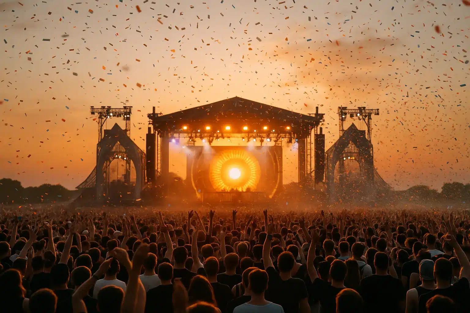 edm festivals 2025 europa – Bühne bei Sonnenuntergang, Konfetti und Crowd