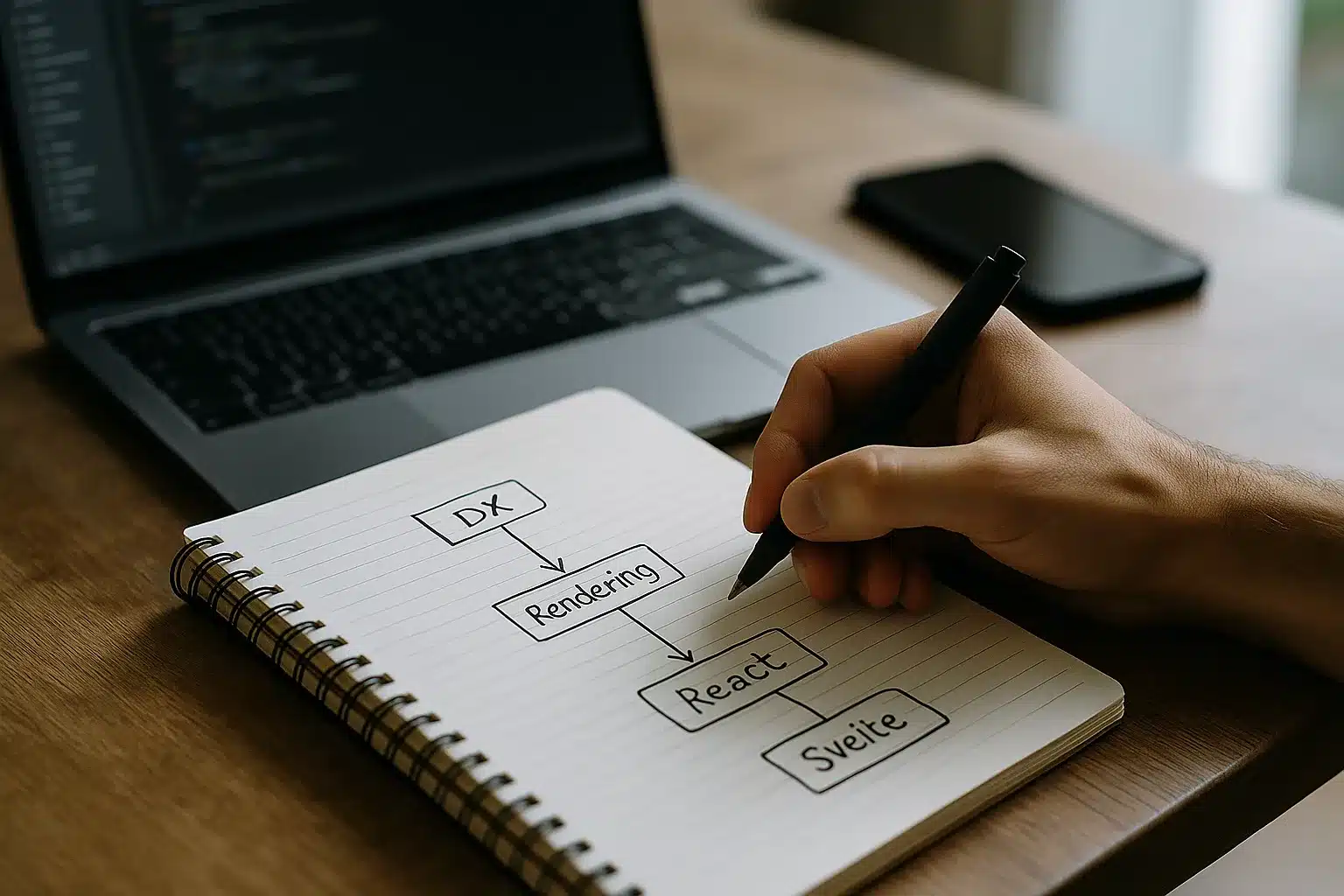 Diagramm: DX und Rendering-Pfade React vs Svelte