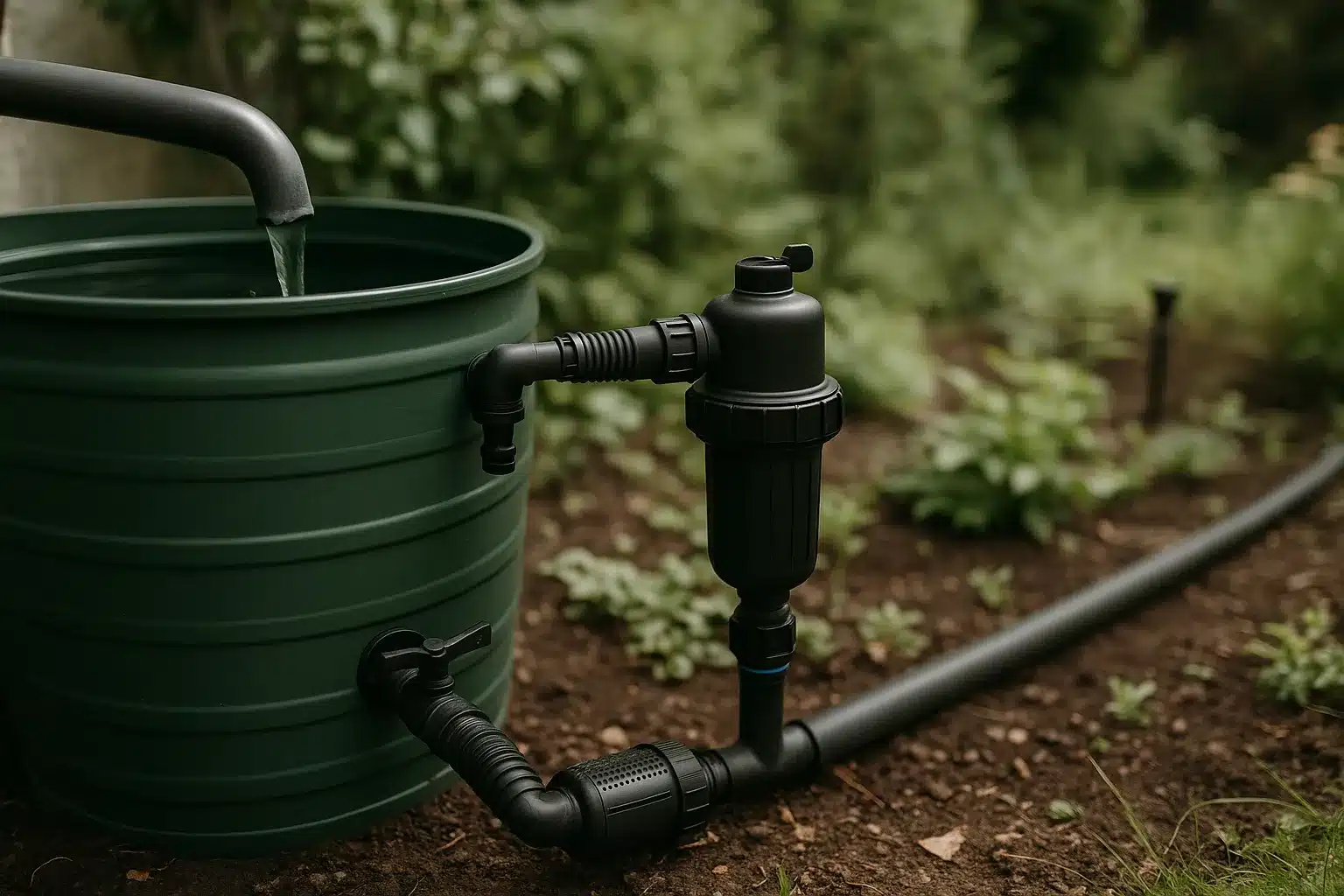bewässerungssystem für garten mit Regentonne und Filter