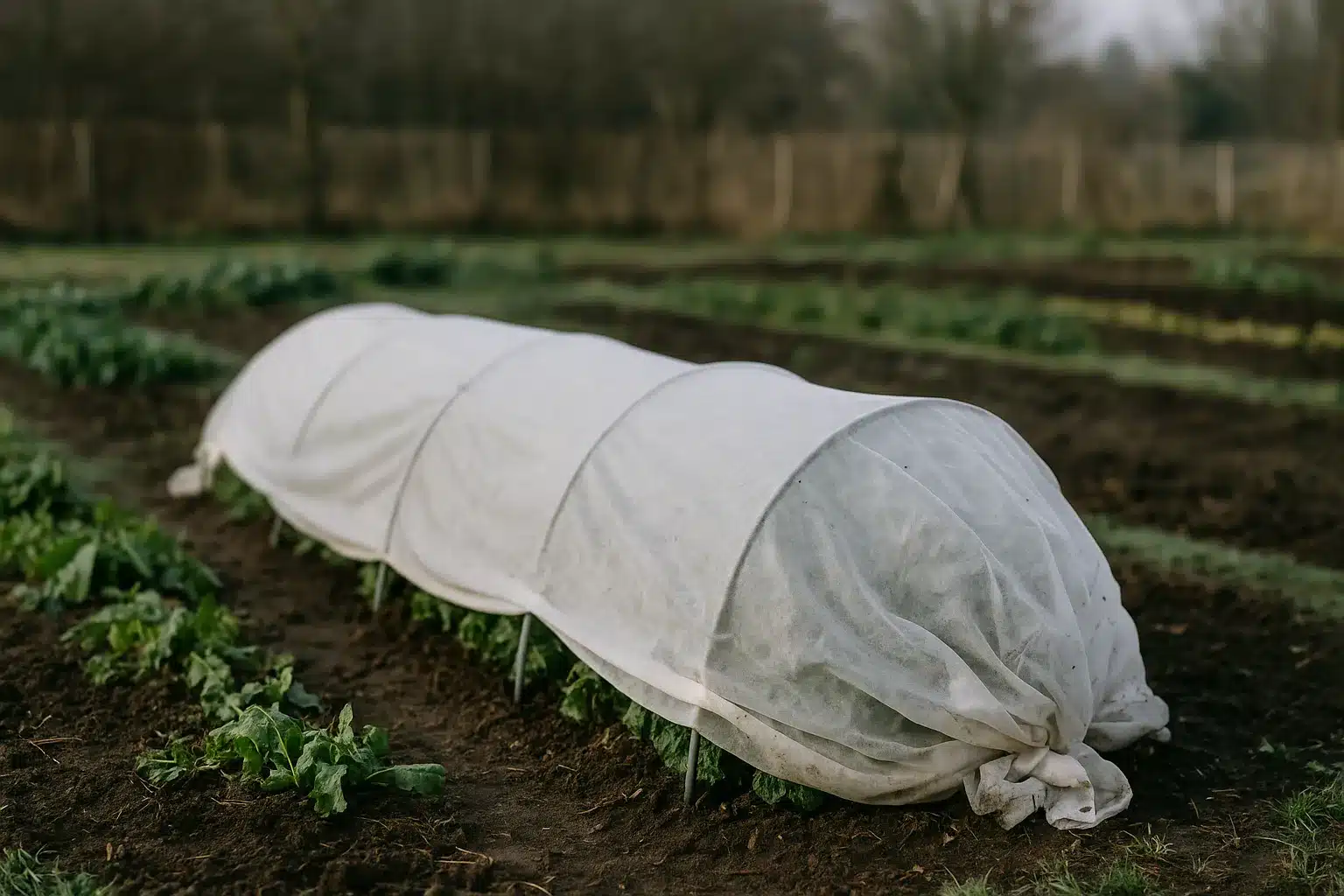 Gemüsegarten im Winter mit Vliesabdeckung auf niedrigen Bögen