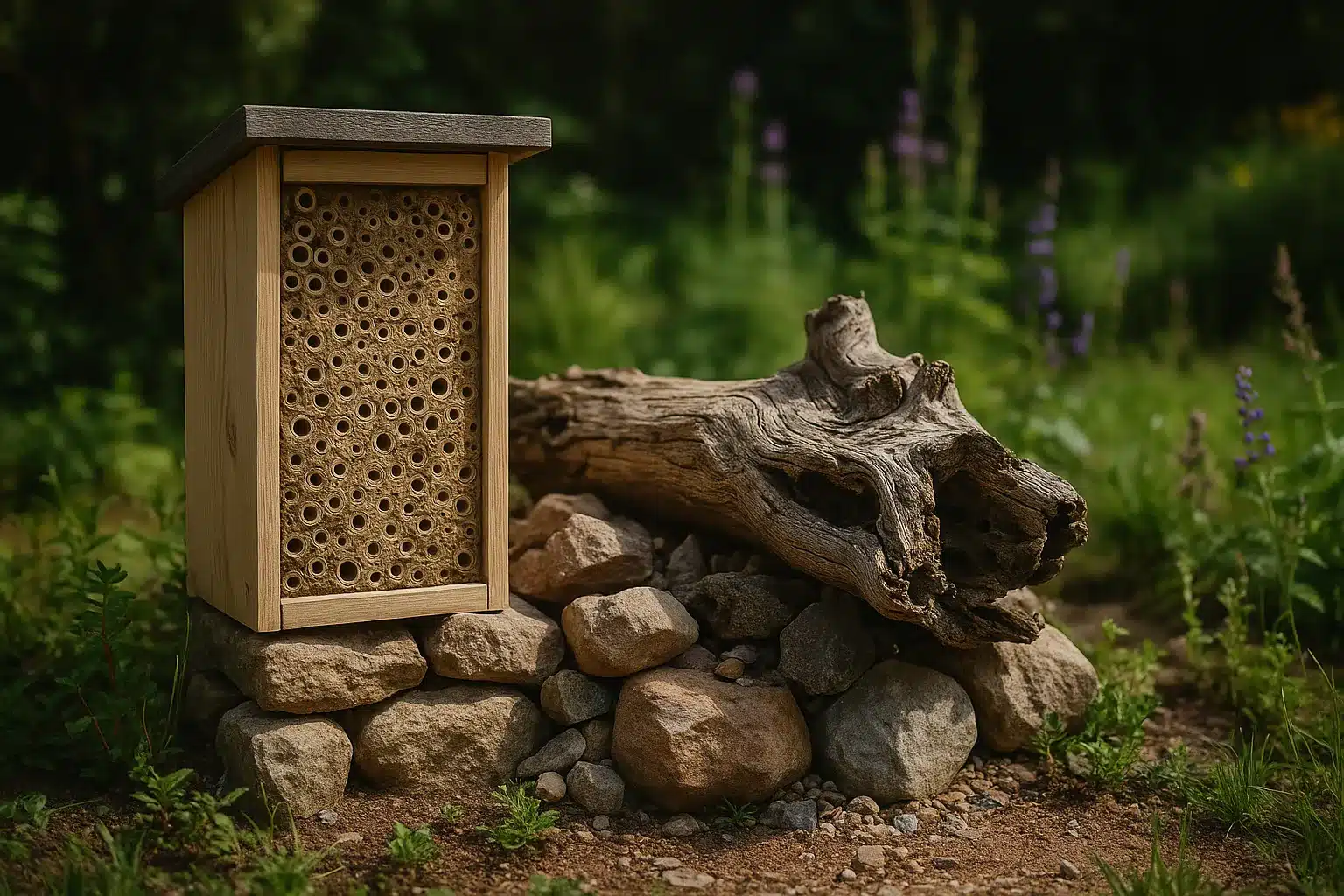 Insektenfreundlicher Garten: Sandarium, Totholz und Steine als Nist- und Sonnenplatz Strukturreiches Eck aus Sandarium, Totholz und Steinen in einem Insektenfreundlicher Garten