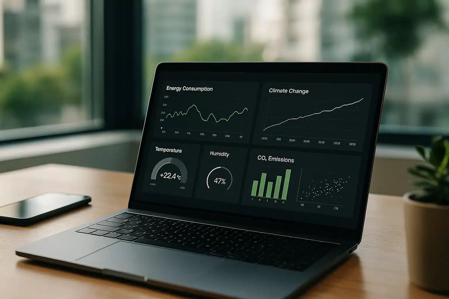 Regelung eines Bürogebäudes mit Prognosen, Diagramme und Sensorwerte; Illustration zu KI gegen Klimawandel