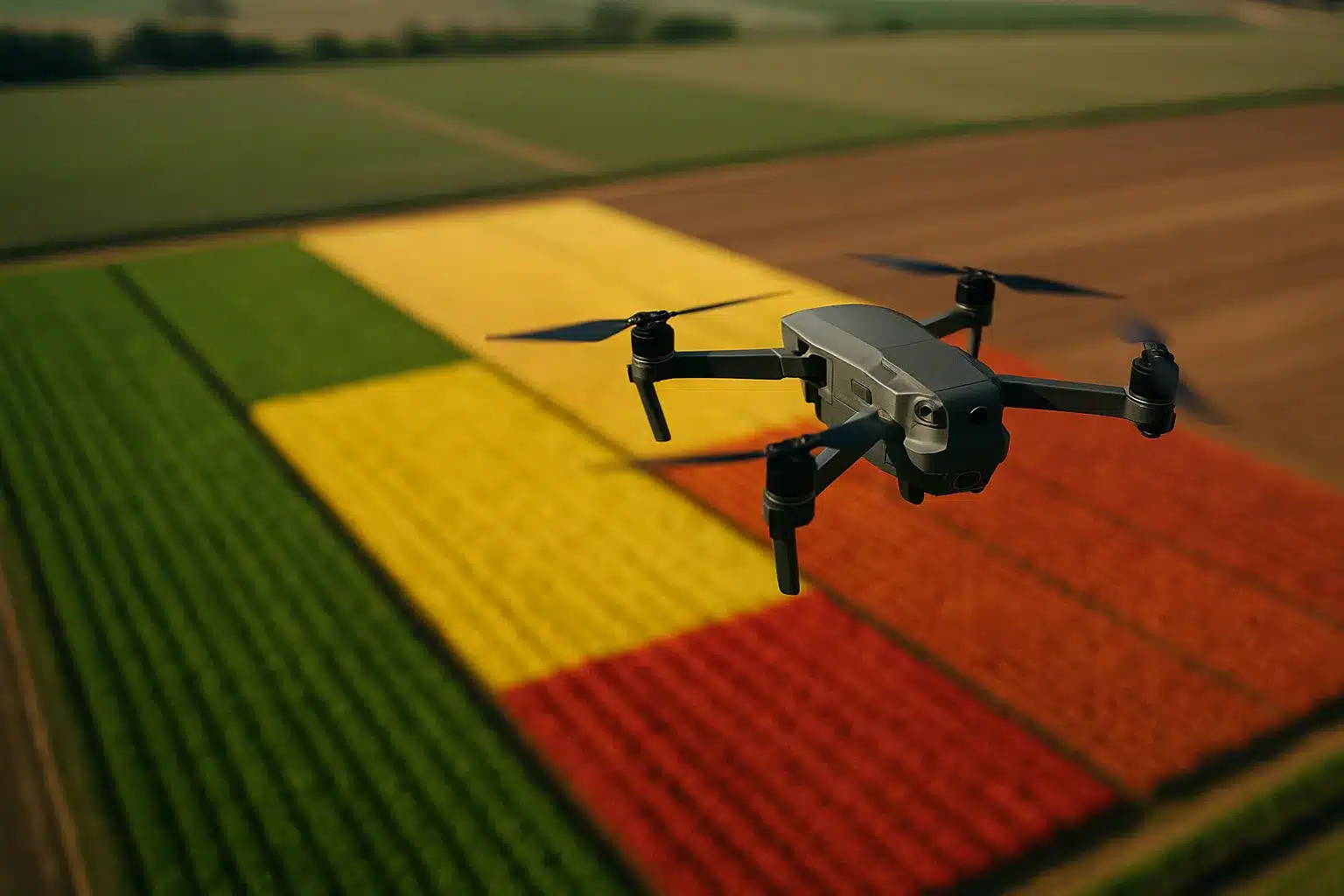 Drohnenaufnahme von Feldern mit Zonenkarten; künstliche Intelligenz im Kampf gegen den Klimawandel in der Landwirtschaft