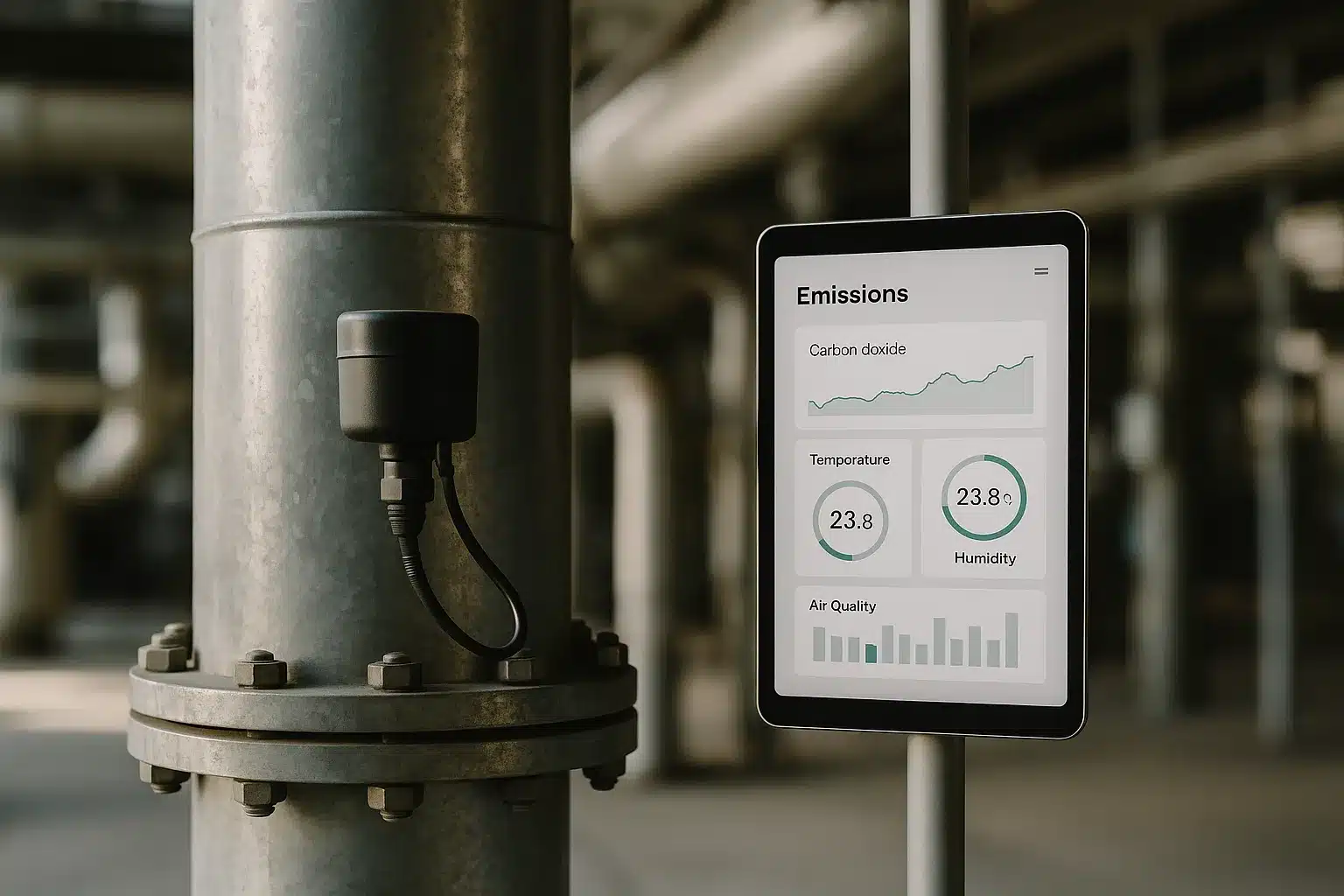 Industrielle Anlage mit Sensorik und Dashboard; digitale Klimalösungen für Emissionskontrolle