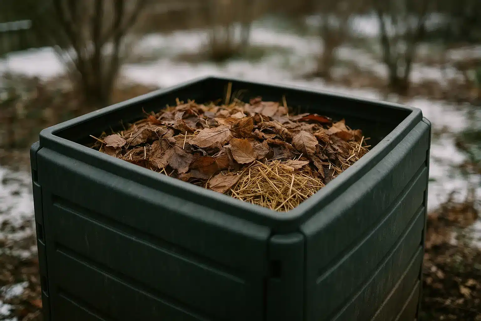 Kompostieren im Winter: isolierter Kompostbehälter mit Laub und Stroh