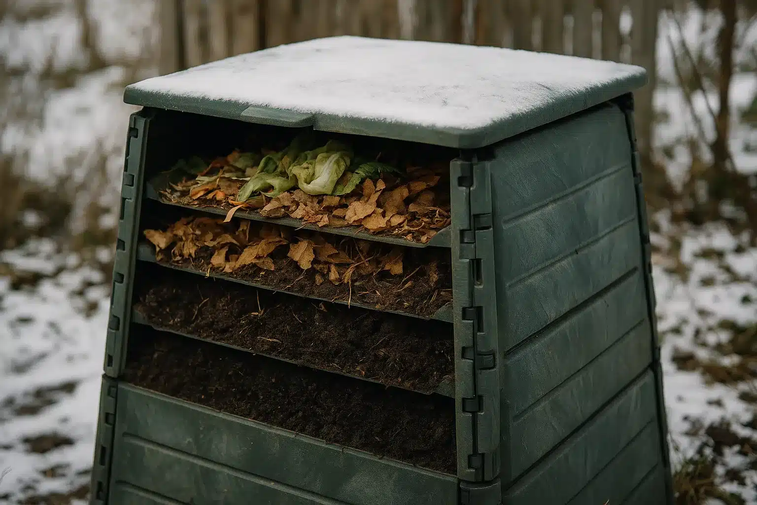 Thermokomposter im Winter richtig machen – geschichteter Aufbau