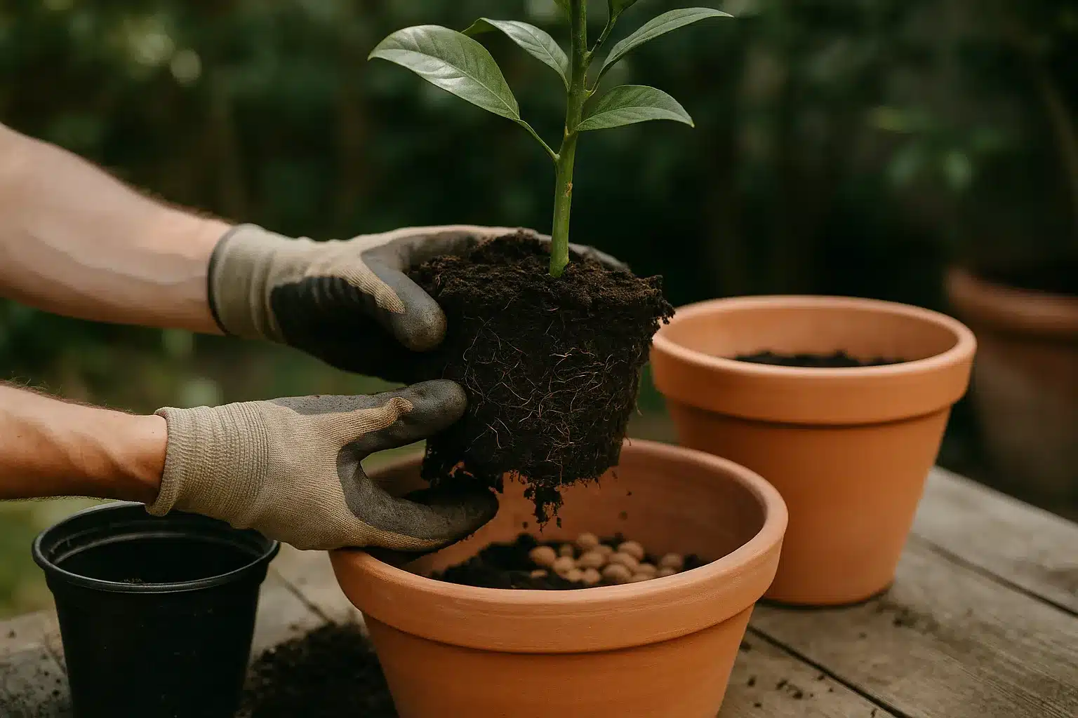 obst im kübel anbauen: Umtopfen eines Zitronenbäumchens mit Drainage und frischem Substrat