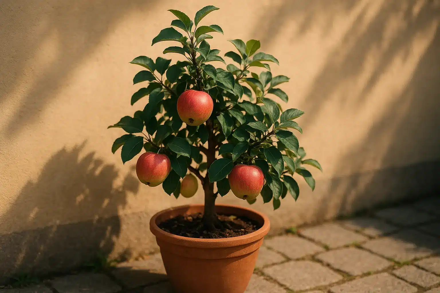Kompaktes Kübelobst an einer warmen Hauswand mit reifen Äpfeln