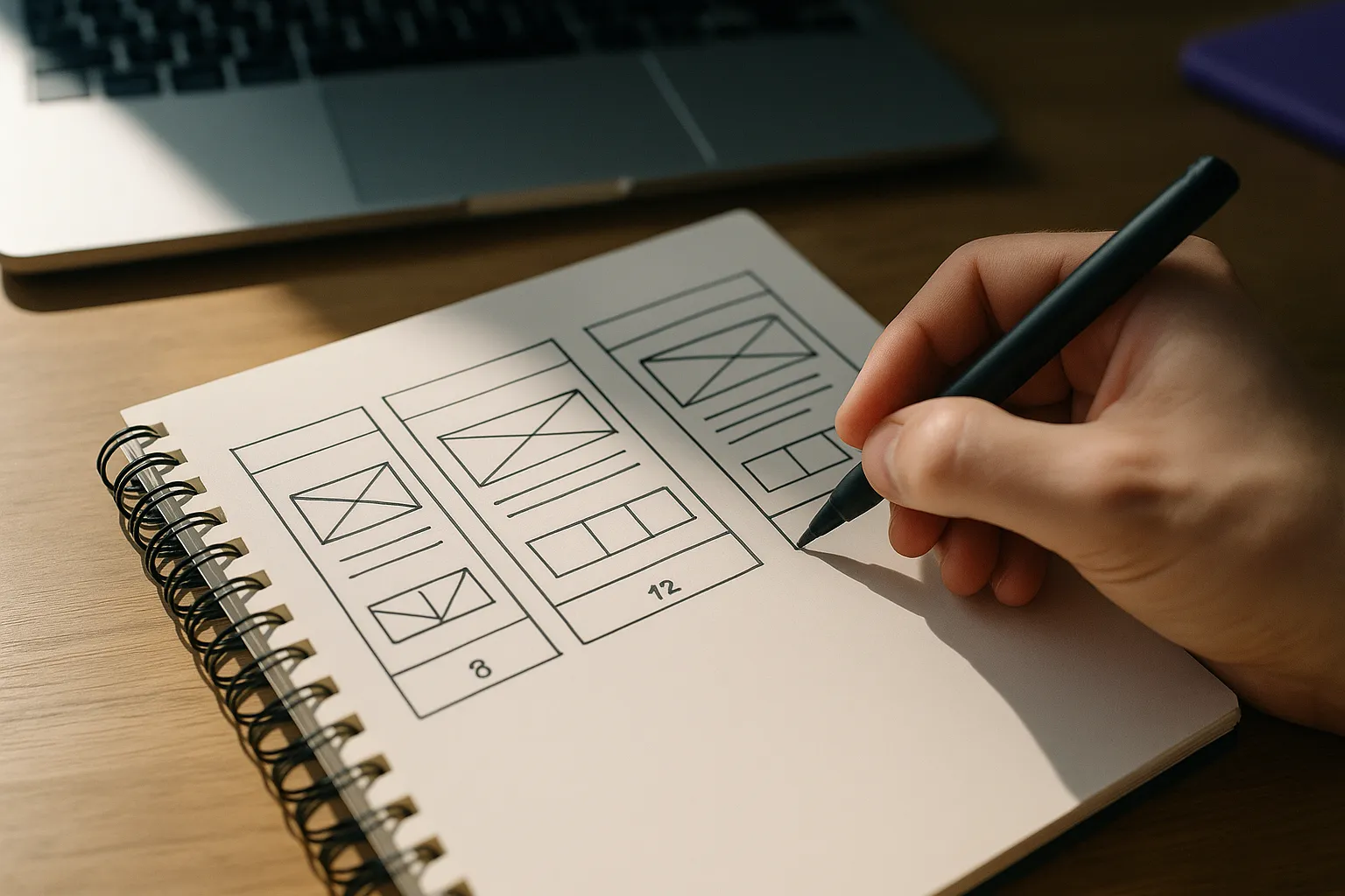 Skizze von Layout-Umbrüchen in verschiedenen Breiten, Fokus auf Responsives Layout