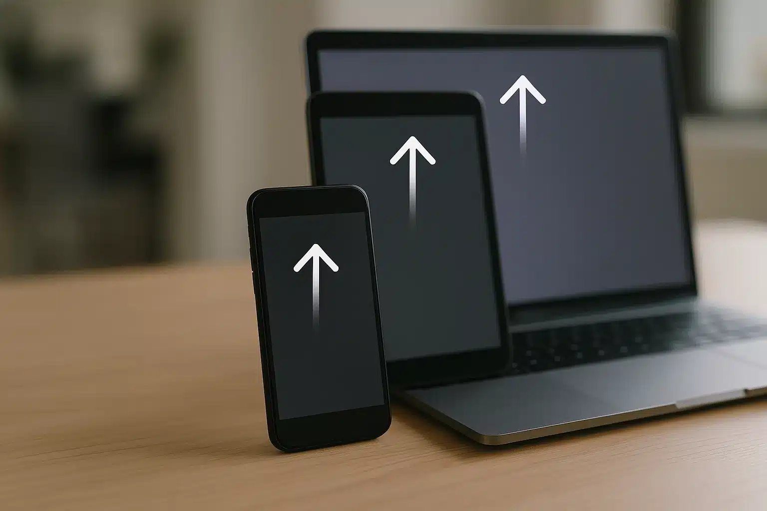 Skalierung von Inhalt von klein nach groß, Pfeile zeigen Progressive Enhancement in mobile-first webdesign
