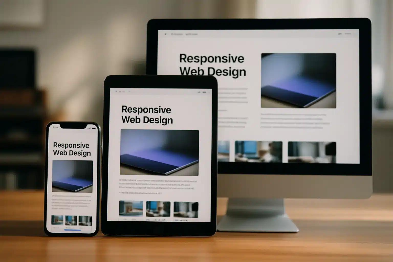 Mockup einer Seite auf Smartphone, Tablet und Desktop nebeneinander; Fokus: Responsive Webdesign