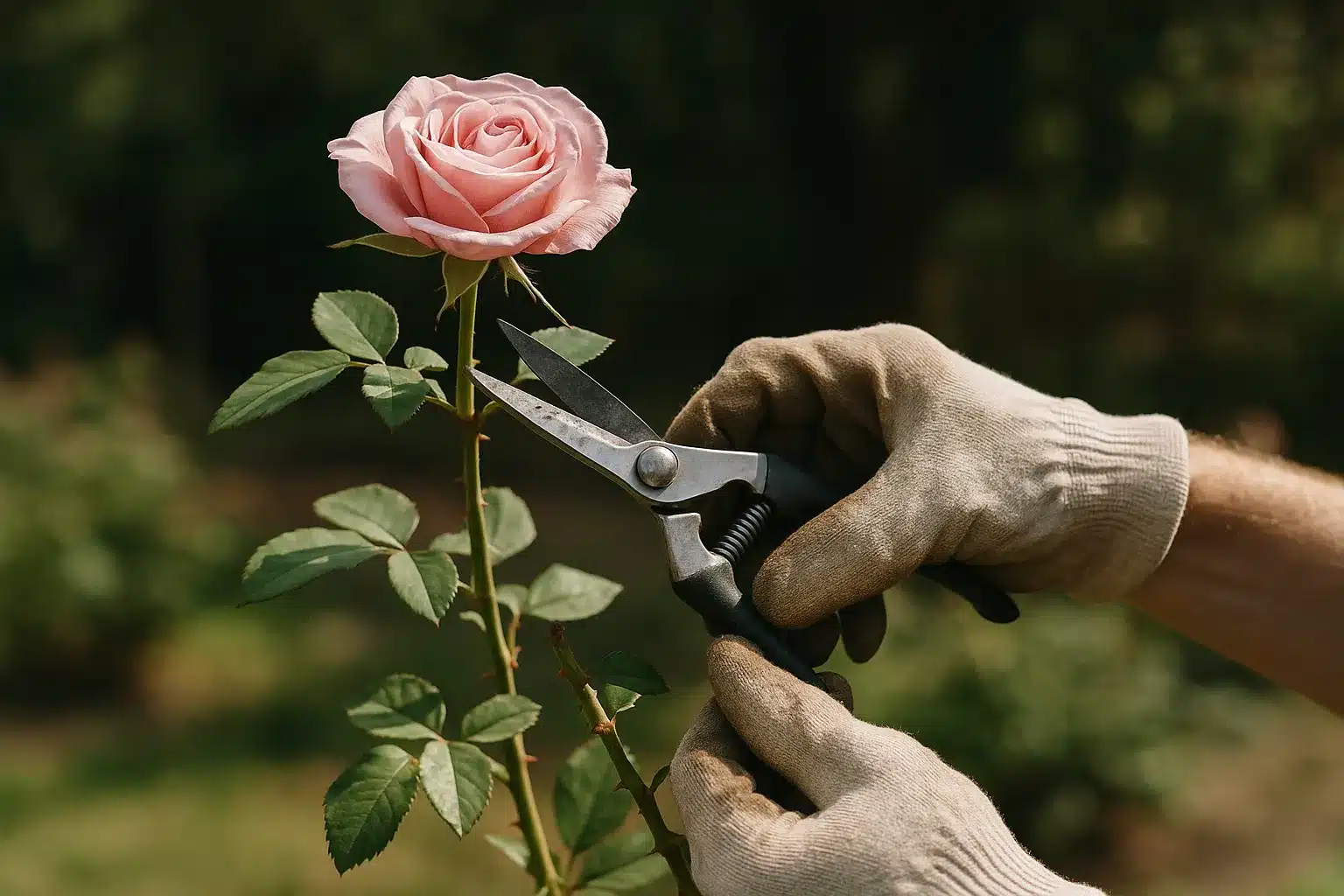 rosen richtig pflegen: präziser Frühlingsschnitt an einer Teehybride