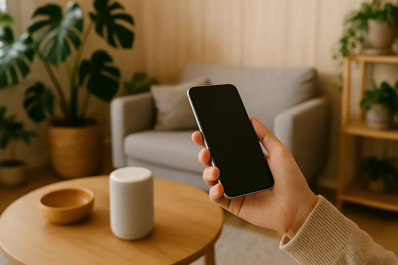 Wohnzimmer mit Holz, Pflanzen und Smart-Home – lifestyle-trends 2025 im Wohnbereich