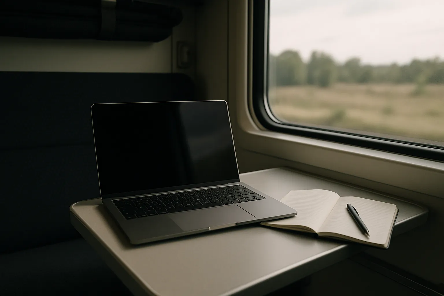Nachtzug-Abteil mit Laptop und Notizbuch – Workation ruhig und fokussiert