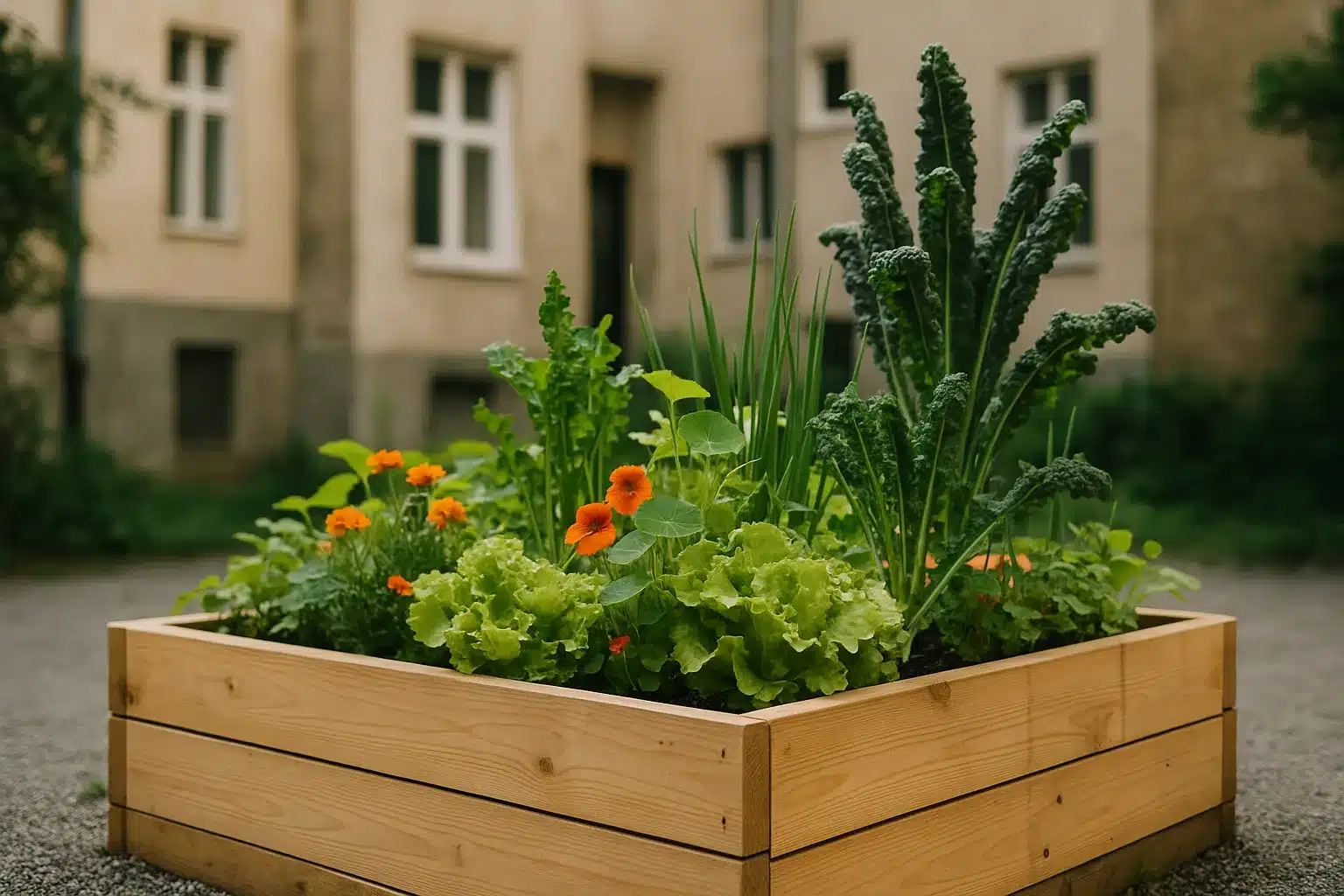 Hochbeet aus Holz mit Mischkultur im städtischen Innenhof, städtisches gärtnern