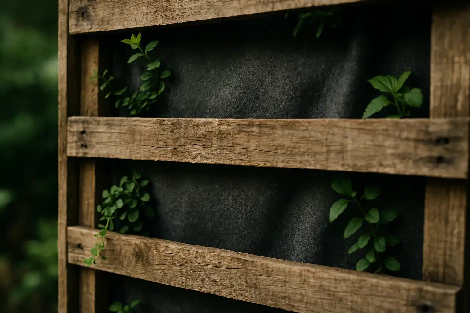 Vertikaler Garten aus Europaletten – Detail der Rückwand und Vlies Vertikaler Garten aus Europaletten – Detail der Rückwand und Vlies