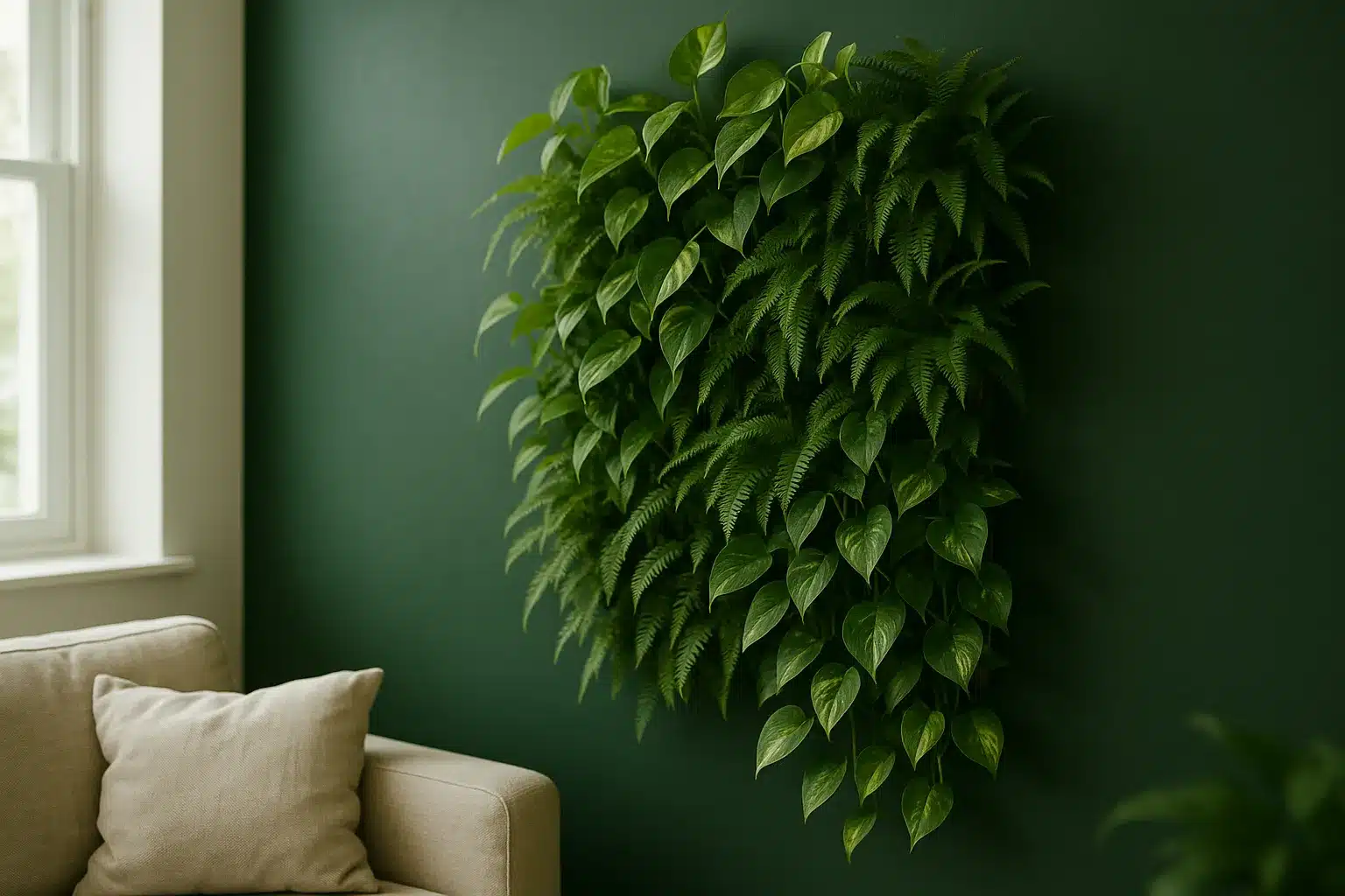 grüne Wand im Wohnzimmer mit Epipremnum und Farnen Grüne Wand im Wohnzimmer mit Epipremnum und Farnen