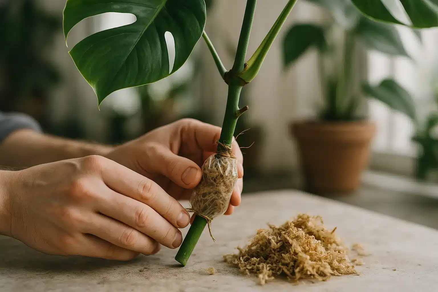 Monstera vermehren durch Abmoosen mit Sphagnum
