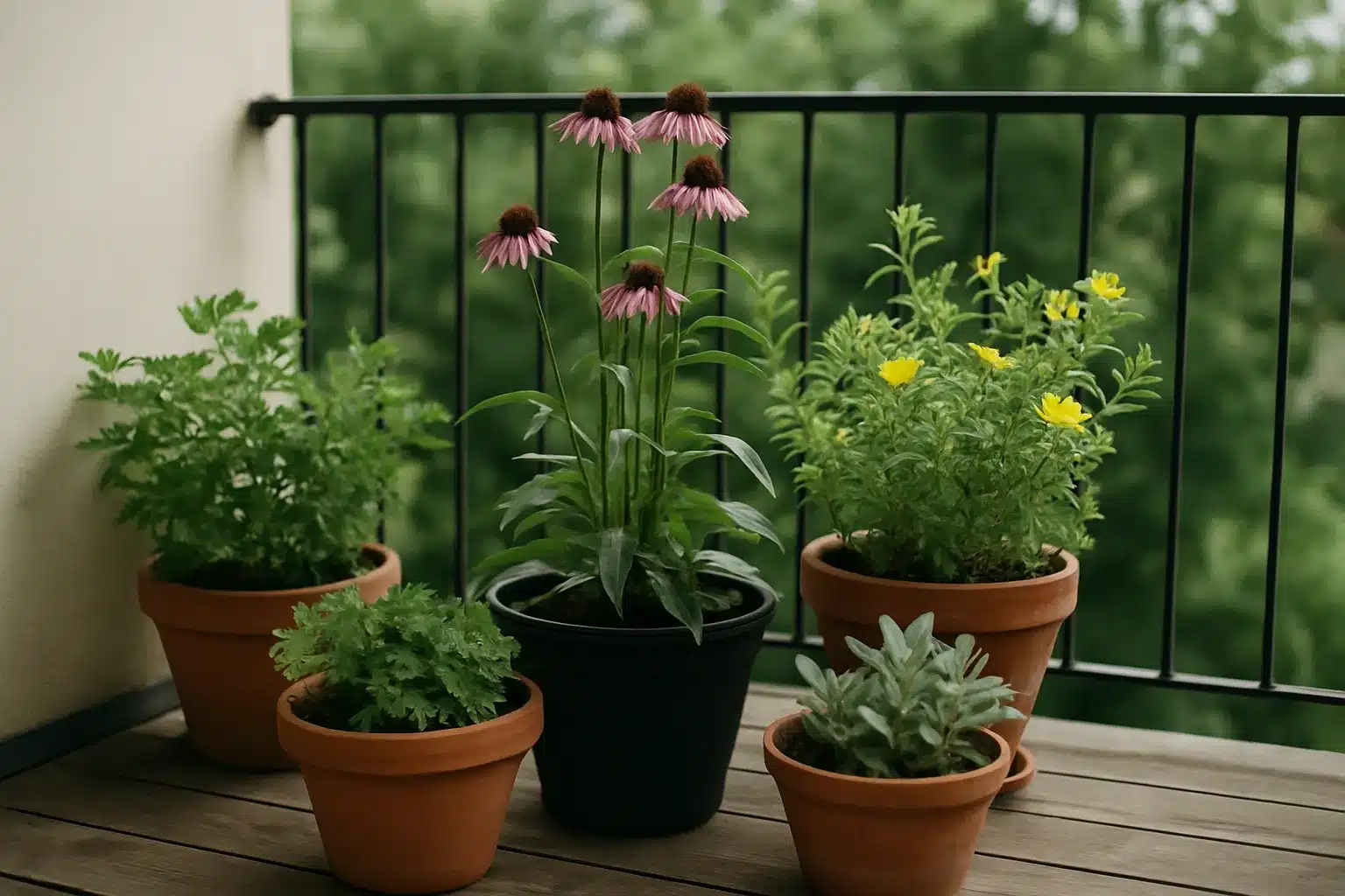 Balkon mit Heimische Pflanzen in Töpfen