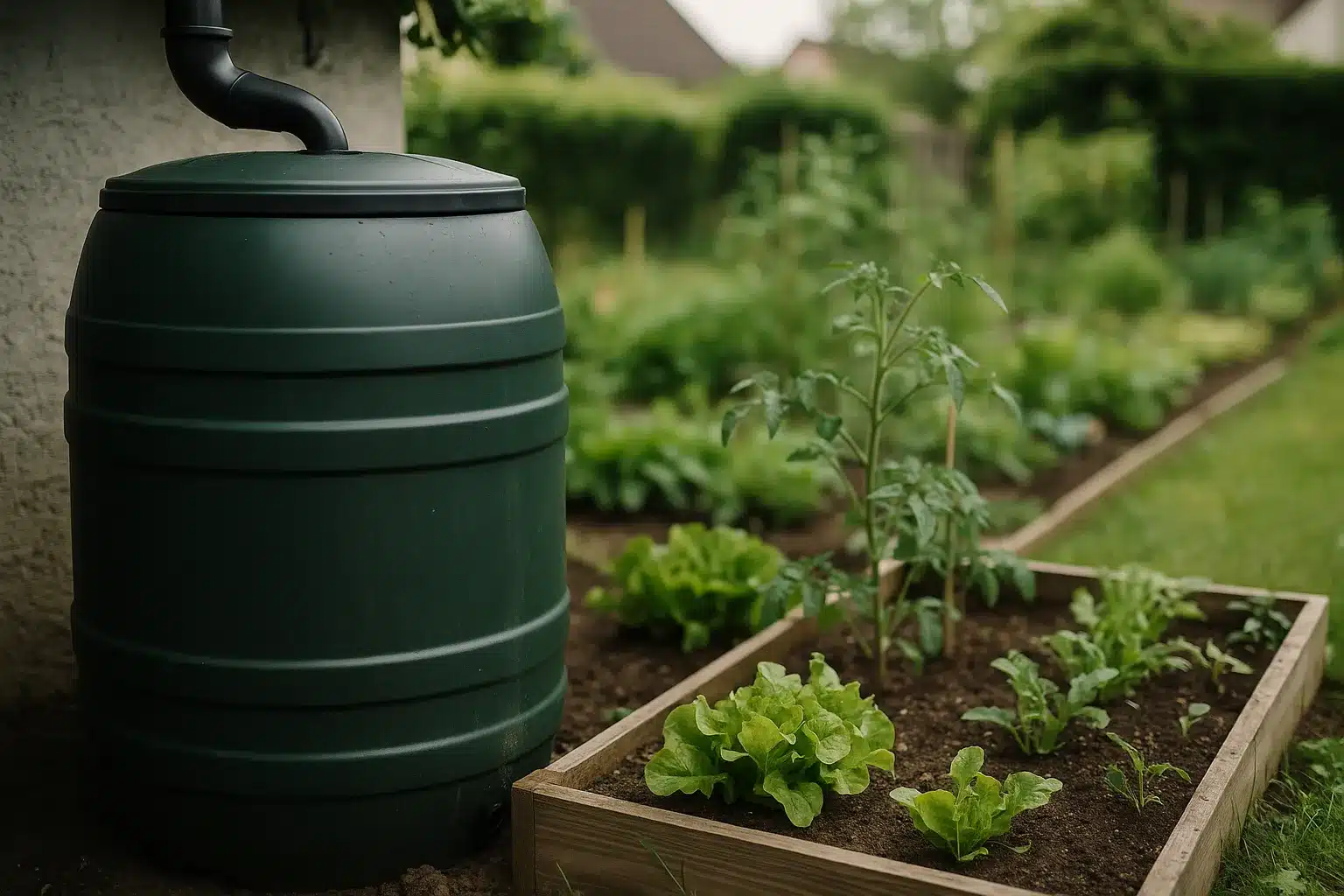 Regenfass neben Gemüsebeet – Nachbarschaft von Regen und Beete spart Gießwege. Alt-Text: Nachbarschaftsaufbau für einen Nachhaltiger Garten mit Regenwassertonne