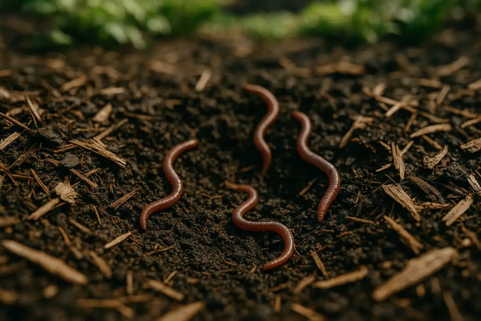 Bodenstruktur mit Mulch und Regenwürmern – Alt-Text: Öffnung in einen umweltfreundlicher Garten mit aktivem Bodenleben