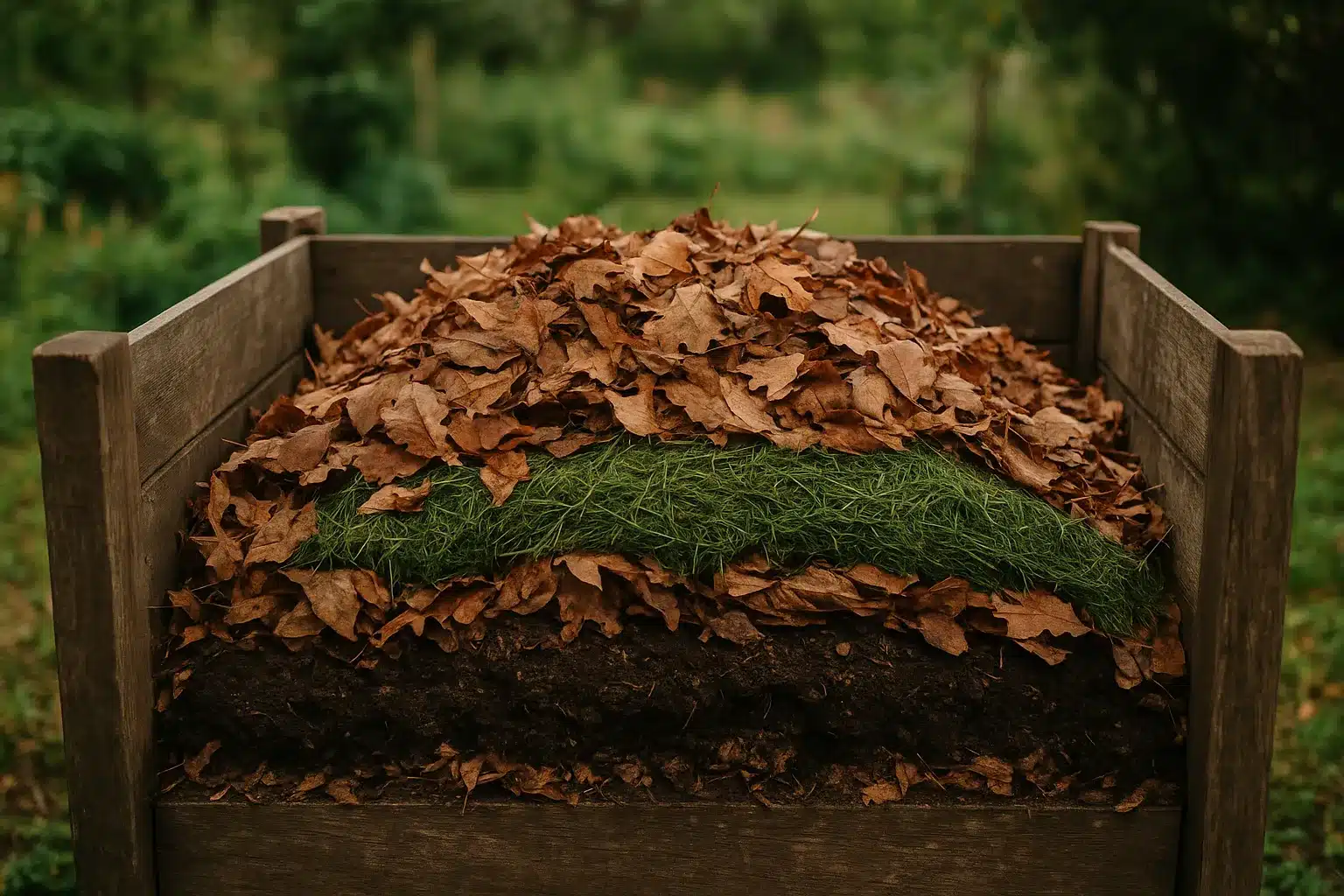 Komposthaufen mit Schichten aus Laub und Rasenschnitt – Alt-Text: Kompost als Motor für ökologisches Gärtnern