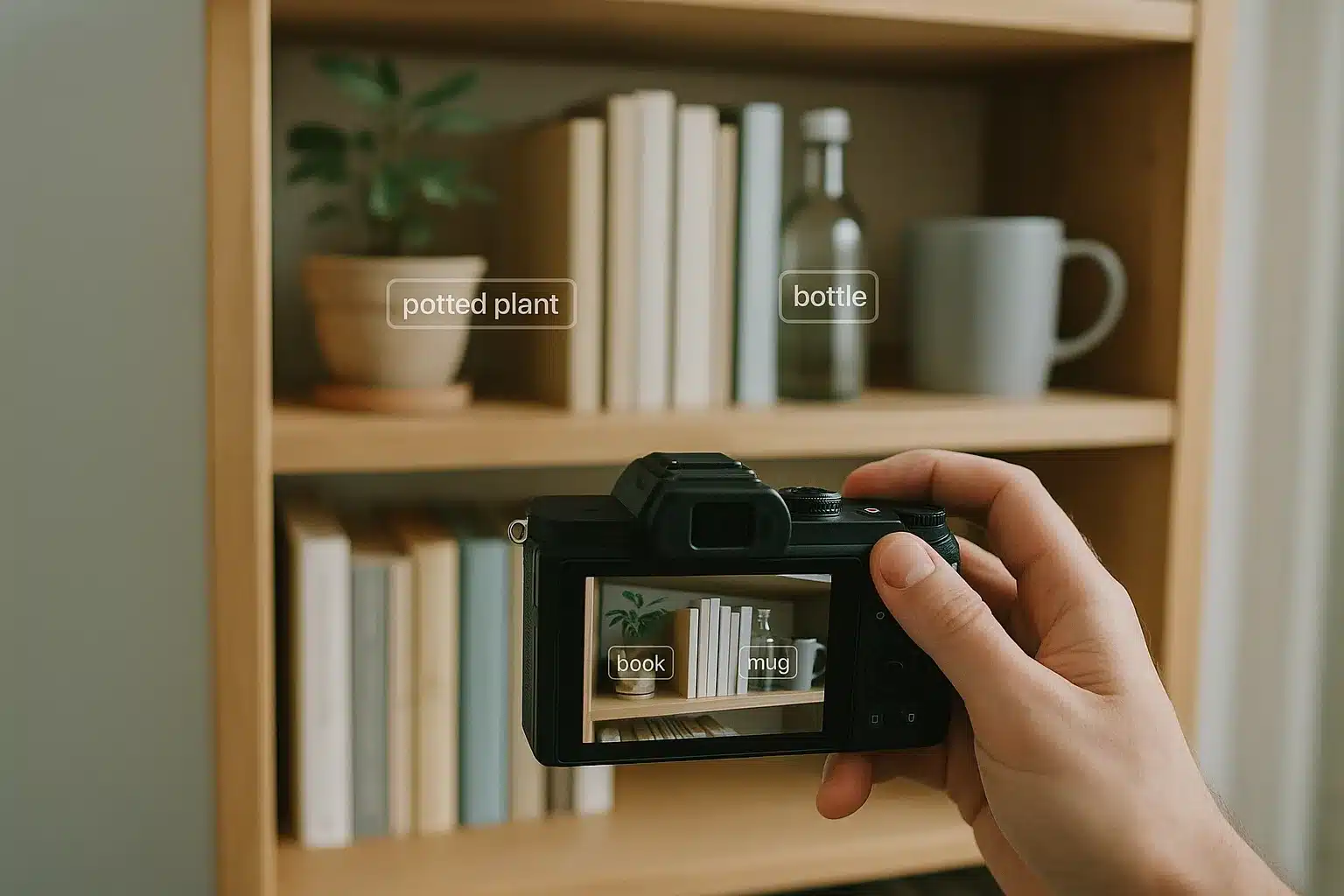 Kamera sieht ein Regal und markiert erkannte Objekte