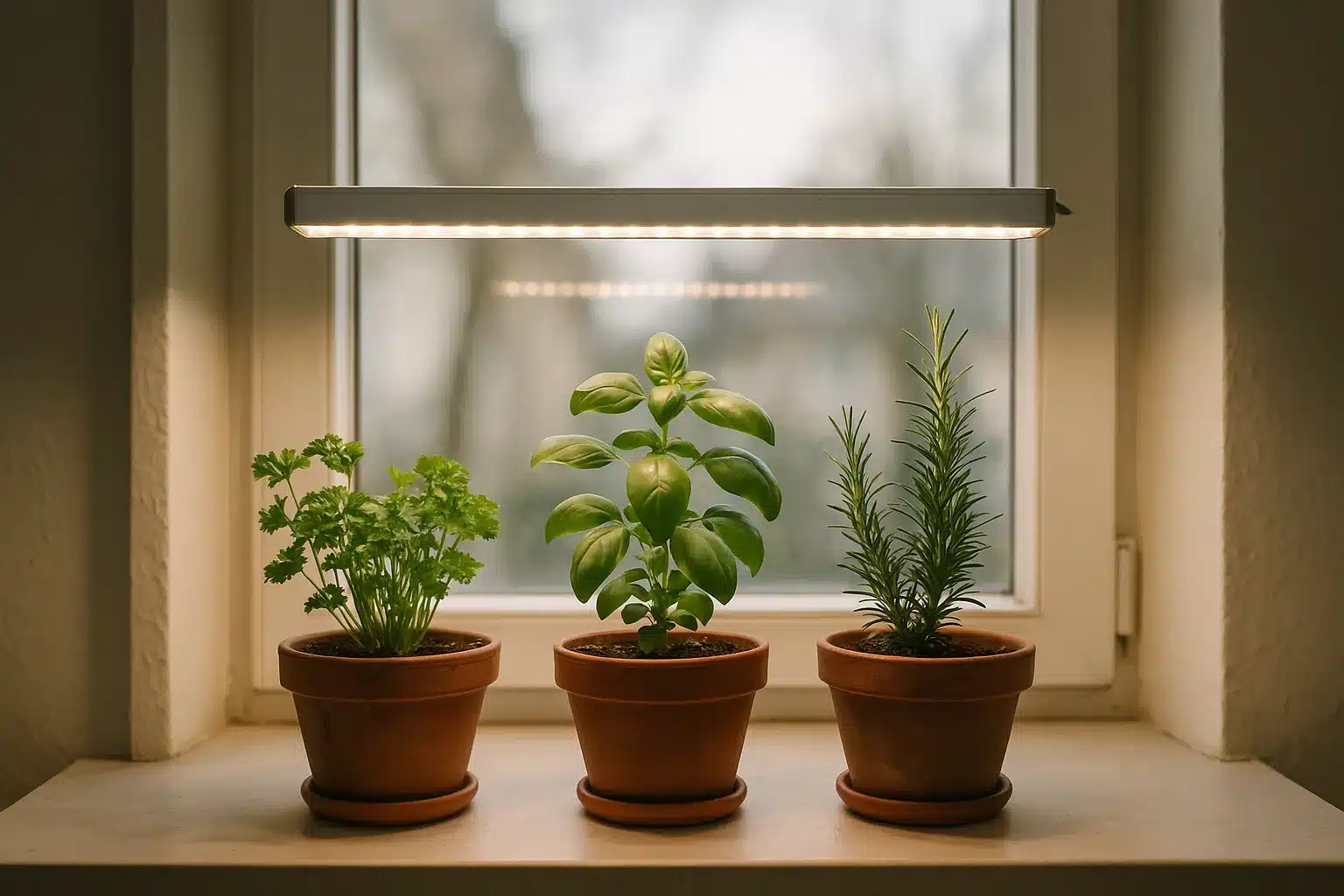 Pflanzenlicht für Wohnung: kompakte LED-Leiste über Kräutern auf der Fensterbank