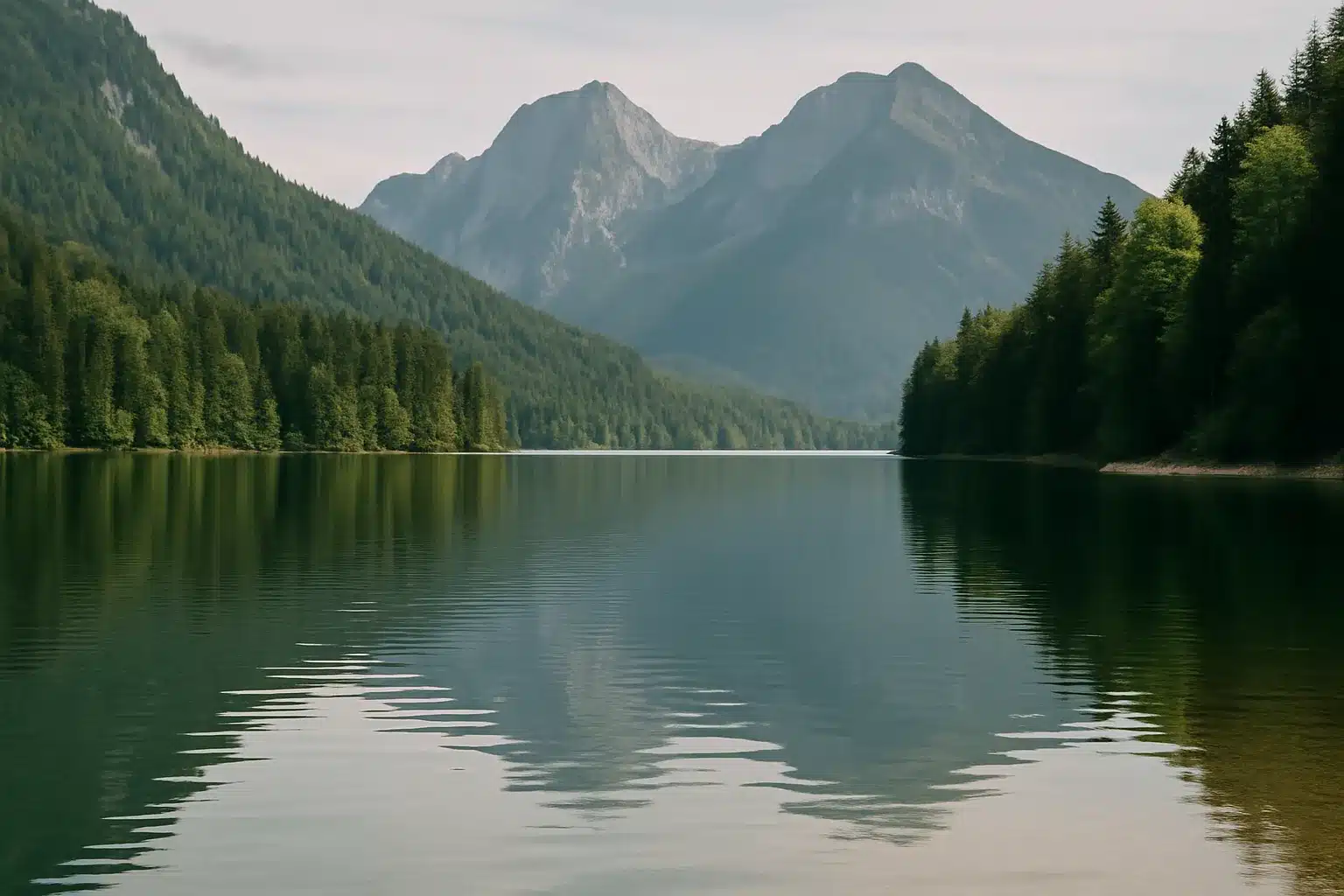 Wochenendtrips in Deutschland: Blick auf einen ruhigen See mit Bergen im Hintergrund