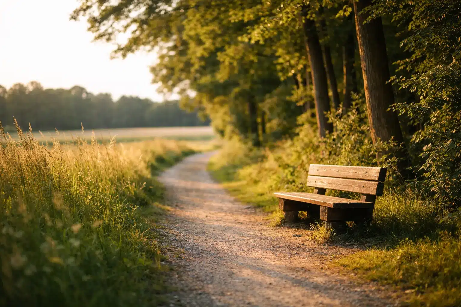Spazierweg am Waldrand in warmem Abendlicht