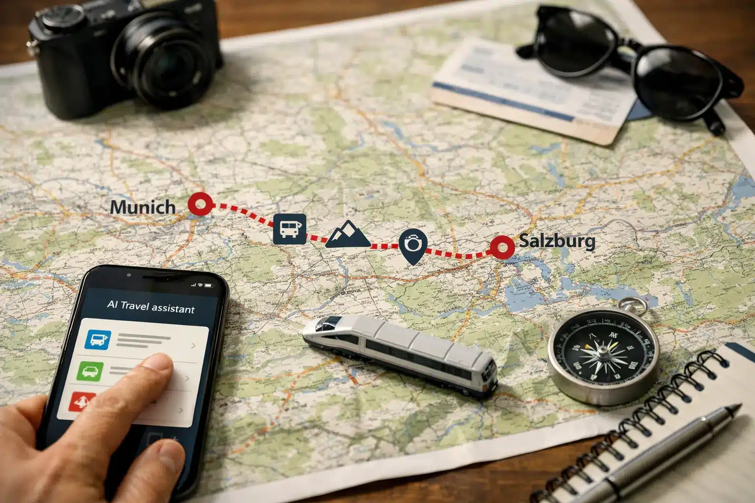 Routenkarte als Konzept für einen ki reiseassistent zwischen München und Salzburg