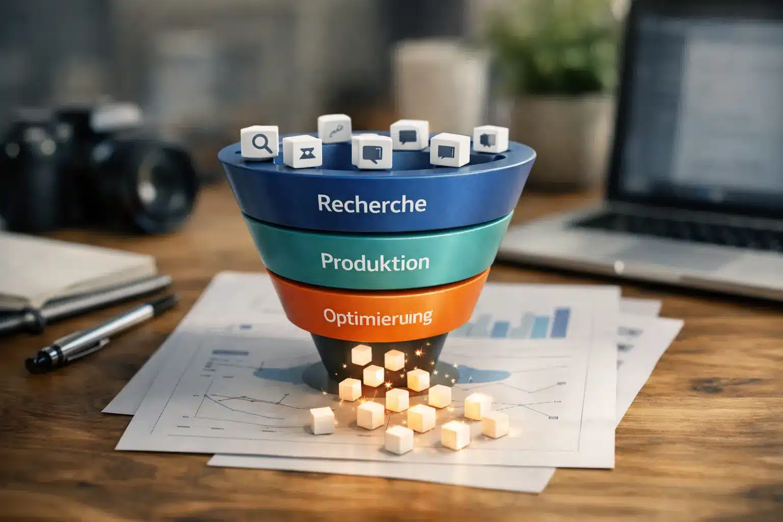 Übersicht generativer KI-Tools als Funnel-Grafik: Recherche, Produktion, Optimierung