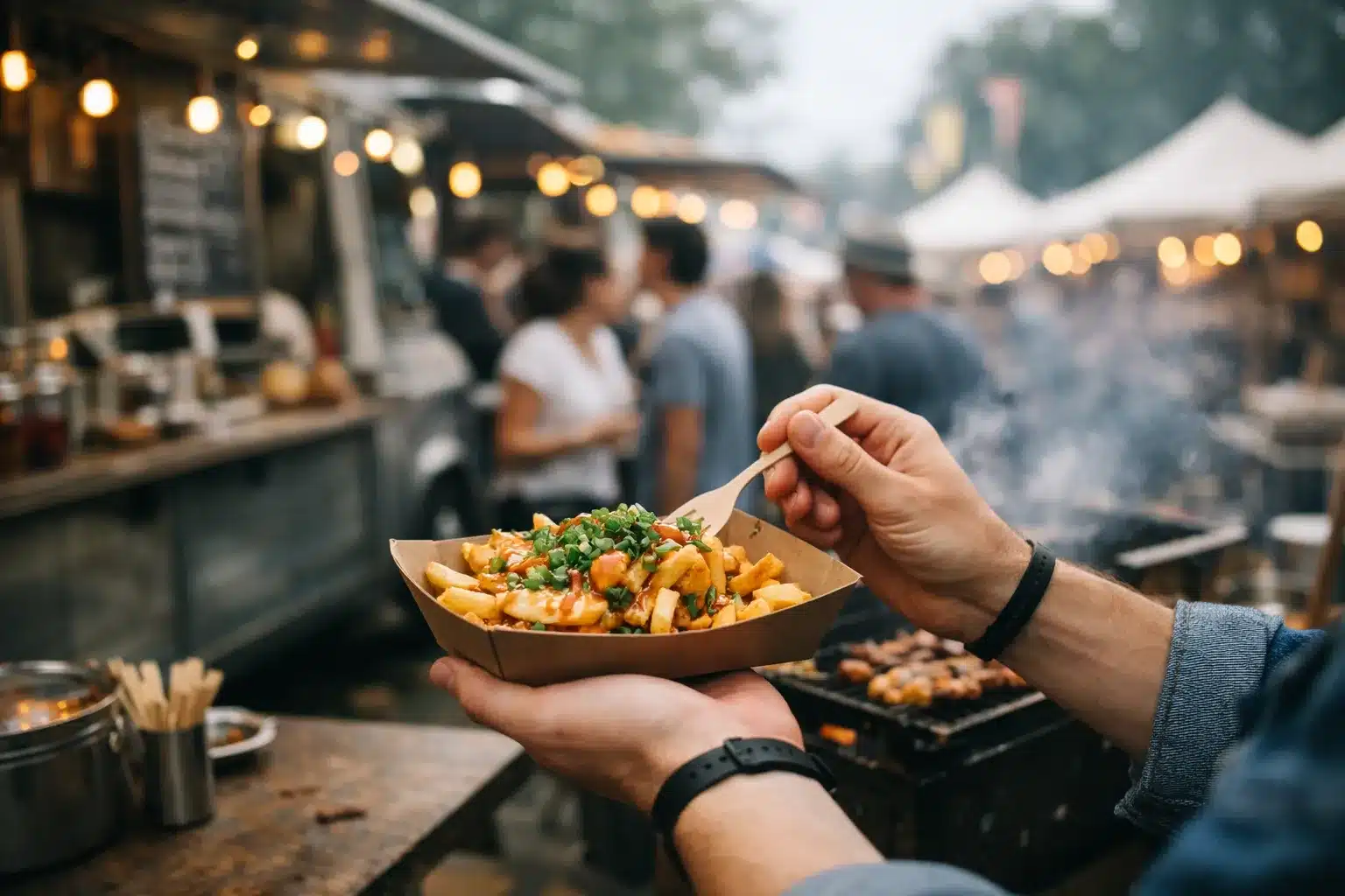 Menschen an Street-Food-Ständen auf einem Festivalgelände