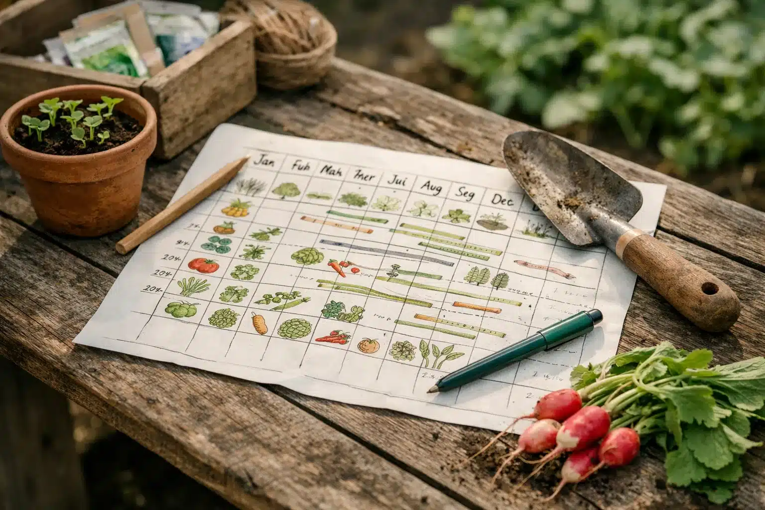 Monatsübersicht Gartenarbeiten im Gemüsebeet, Pflanzkalender und Aussaatkalender als Skizze
