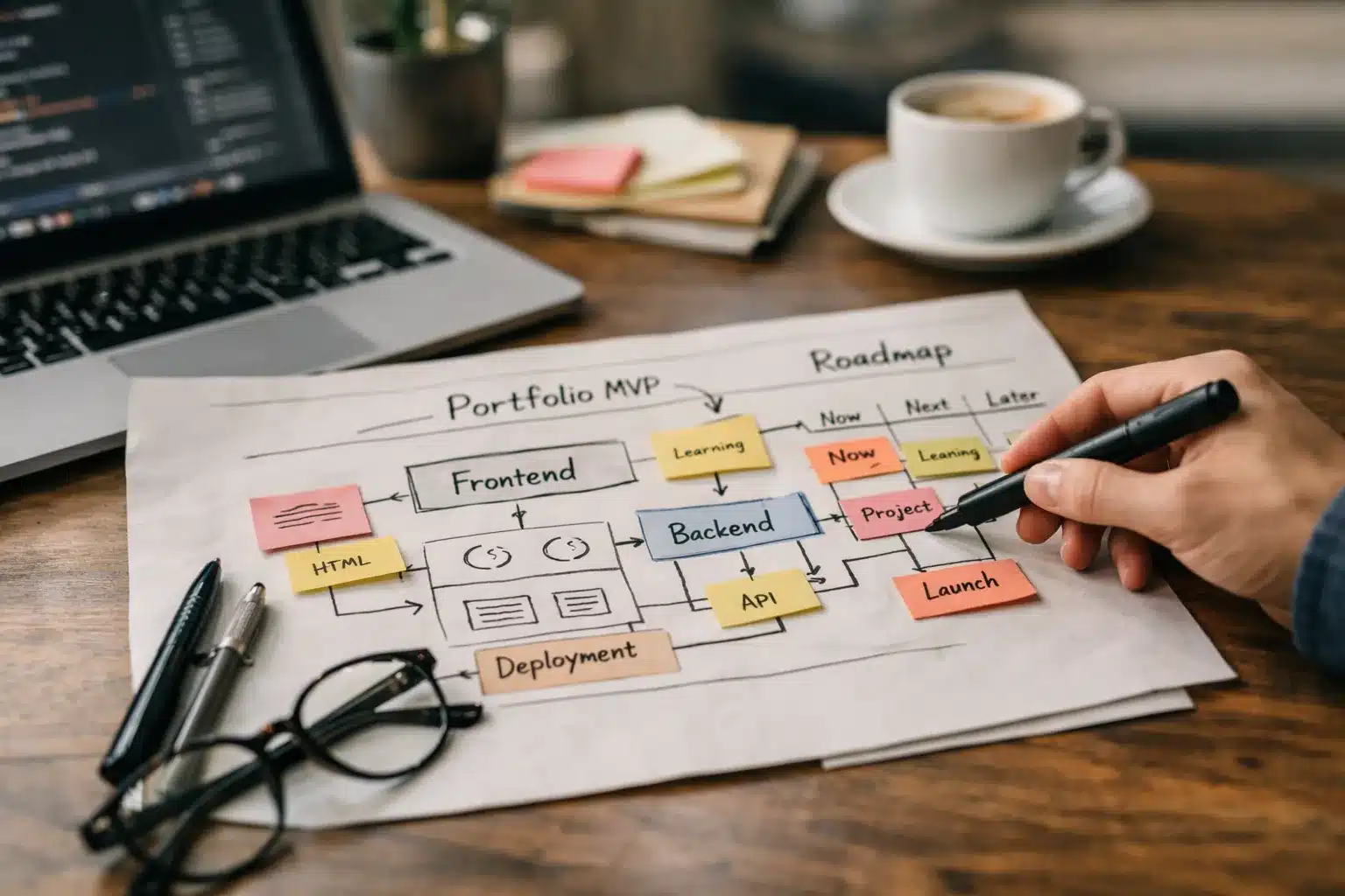 Skizze einer Portfolio-MVP-Struktur, roadmap webentwicklung als visuelle Übersicht