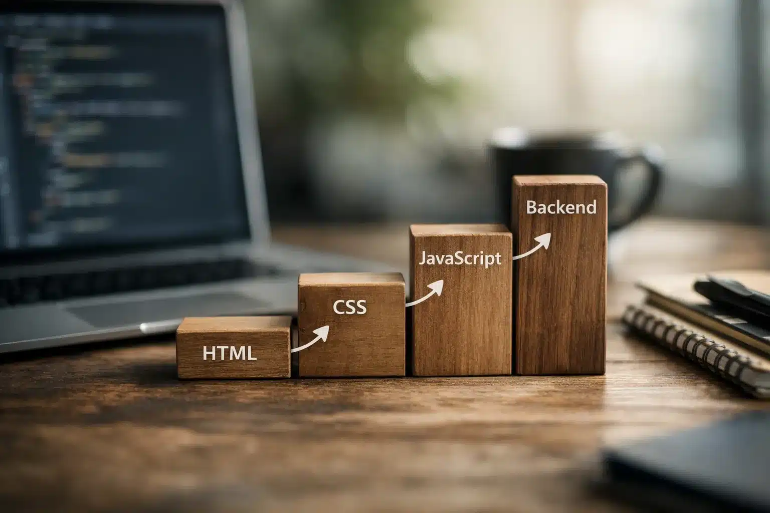 Lernreihenfolge Grafik: HTML zu CSS zu JavaScript zu Backend, Webentwicklung lernen als Pfad