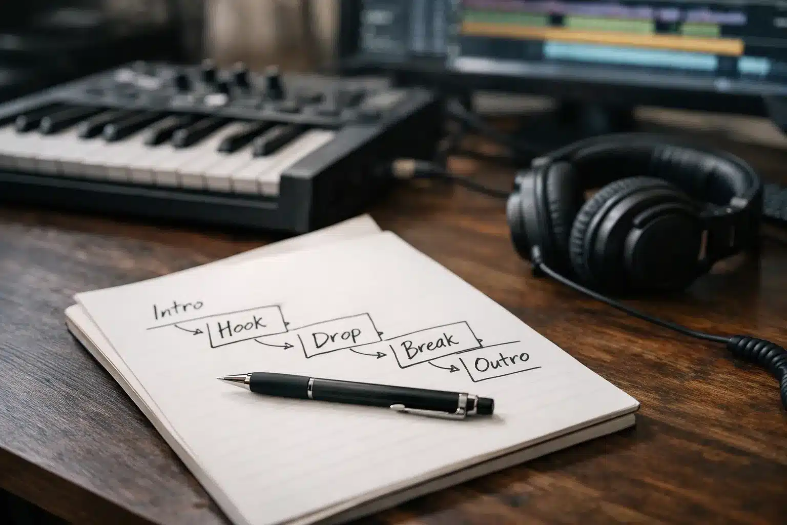 Skizze eines Arrangements für ki-musikproduktion: Intro, Hook, Drop, Break, Outro
