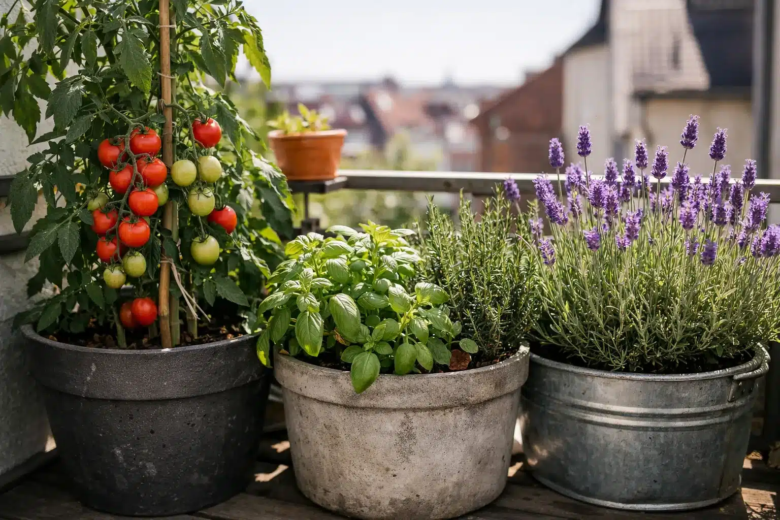 Balkon bepflanzen auf dem Südbalkon mit Tomaten, Kräutern und Lavendel in großen Kübeln
