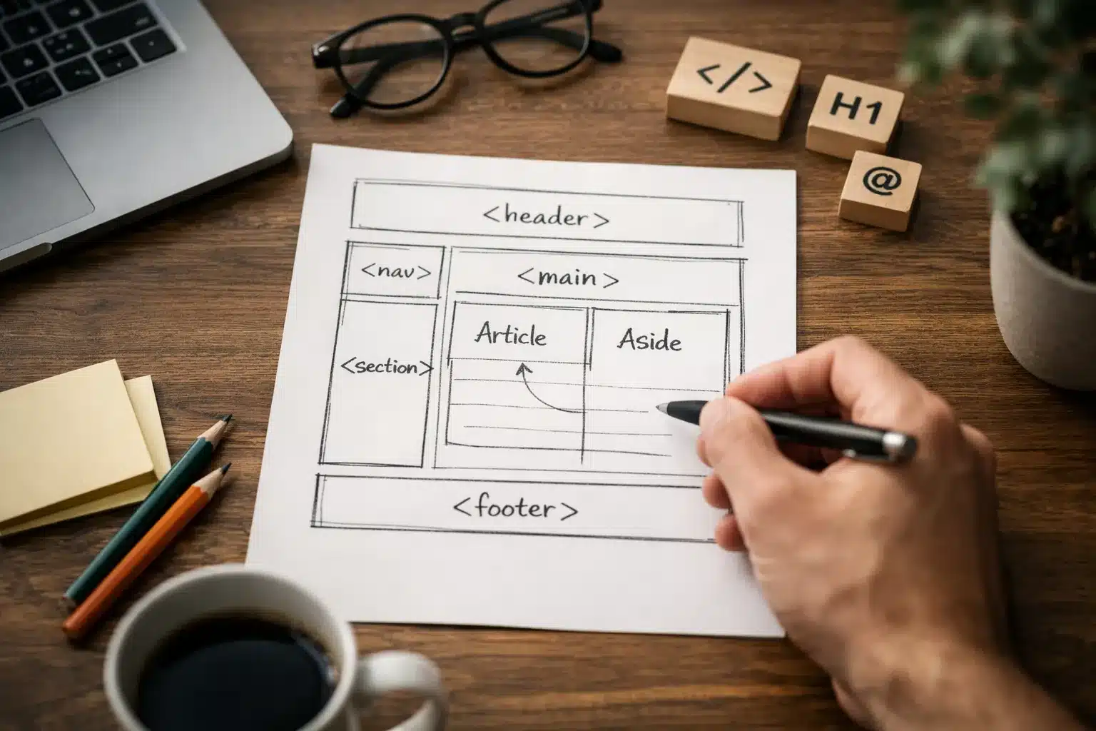 Layout Skizze mit HTML Semantik und Landmarken