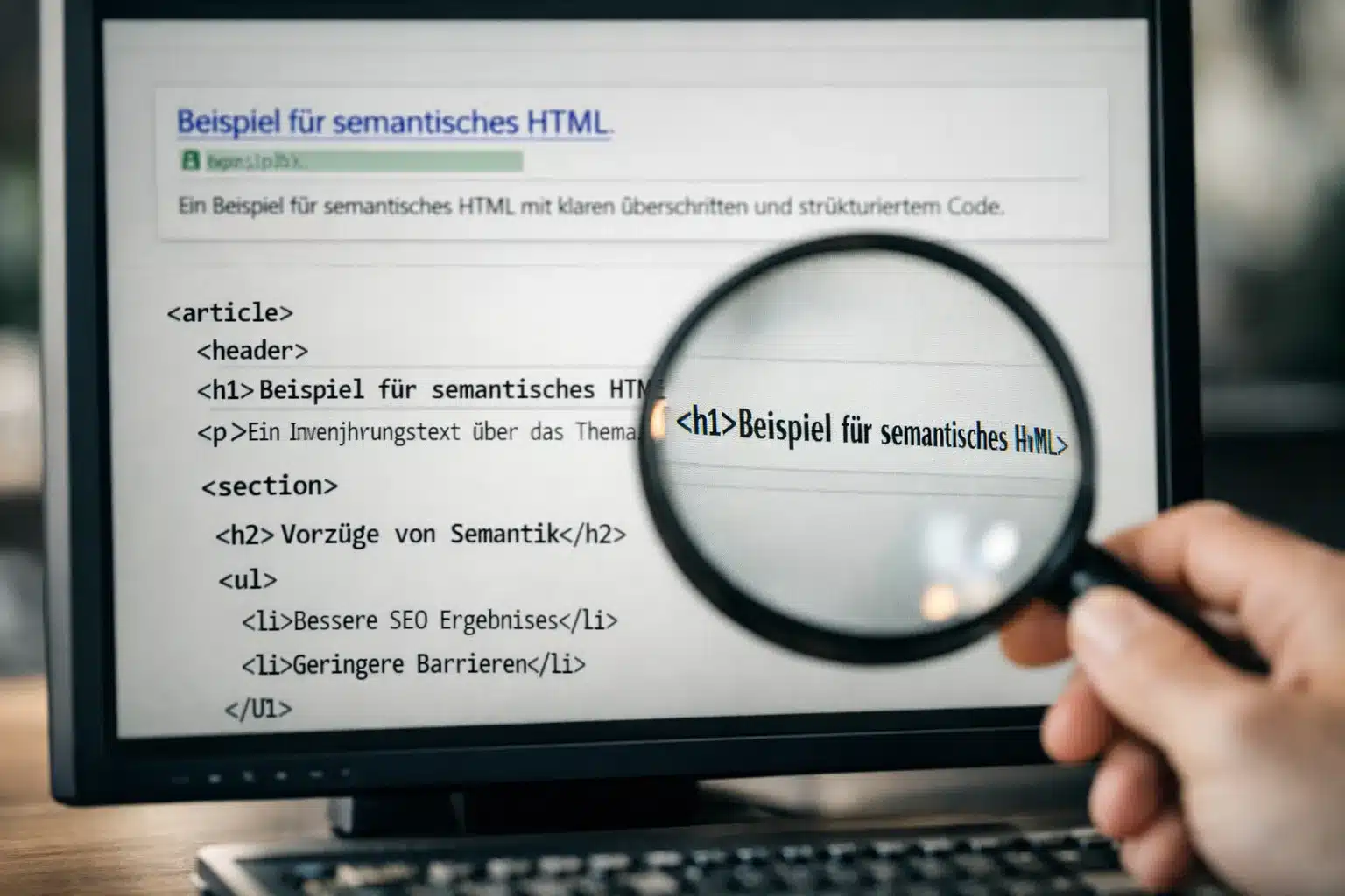Beispiel für semantisches html in einer Suchvorschau mit klaren Überschriften