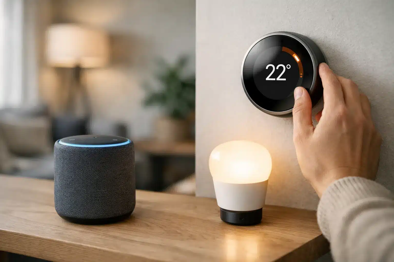 KI im Alltag Beispiele im Smart Home: Sprachassistent, Thermostat, Licht