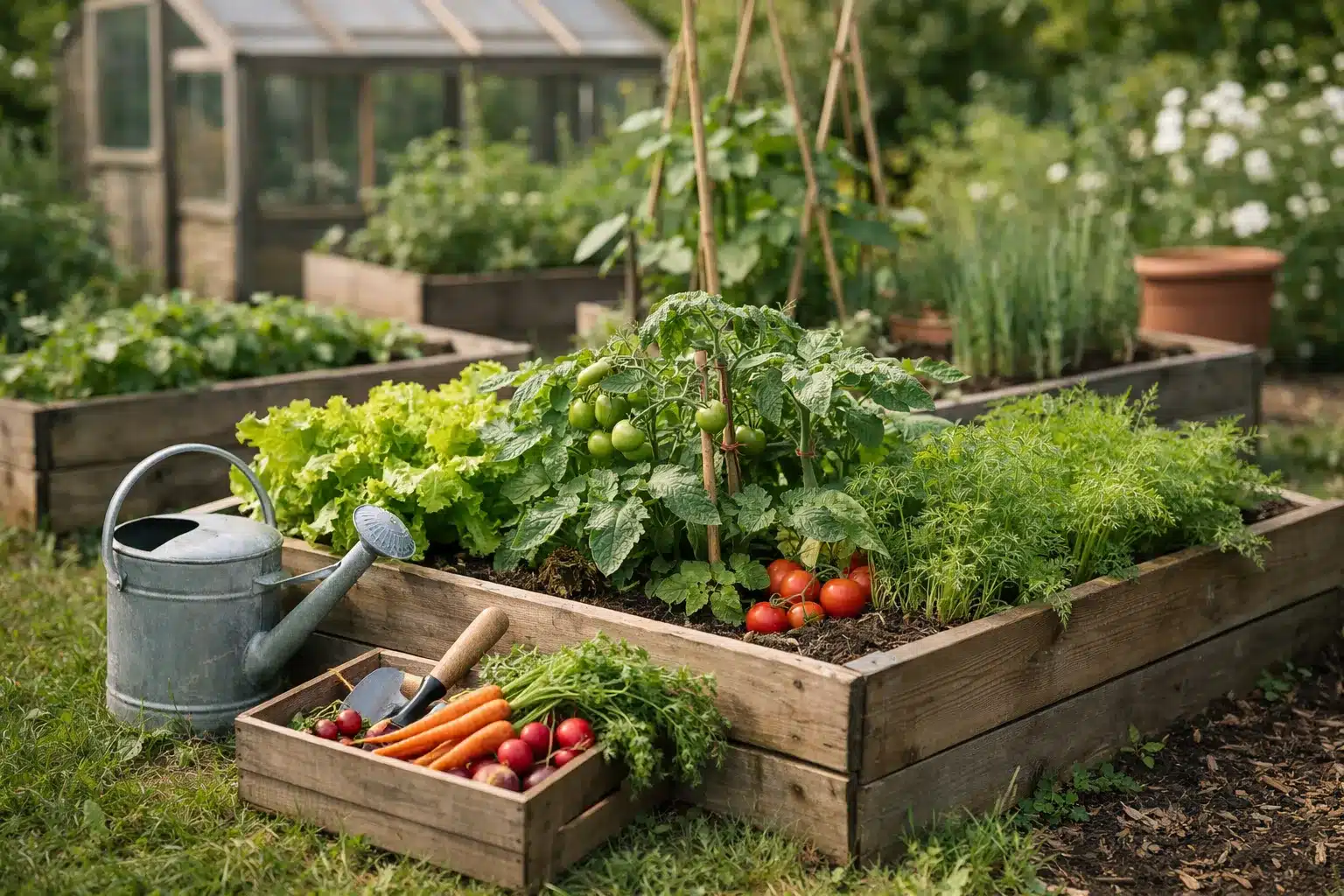 Ein kleiner Nutzgarten mit Hochbeeten, Kräutern und Mischkultur