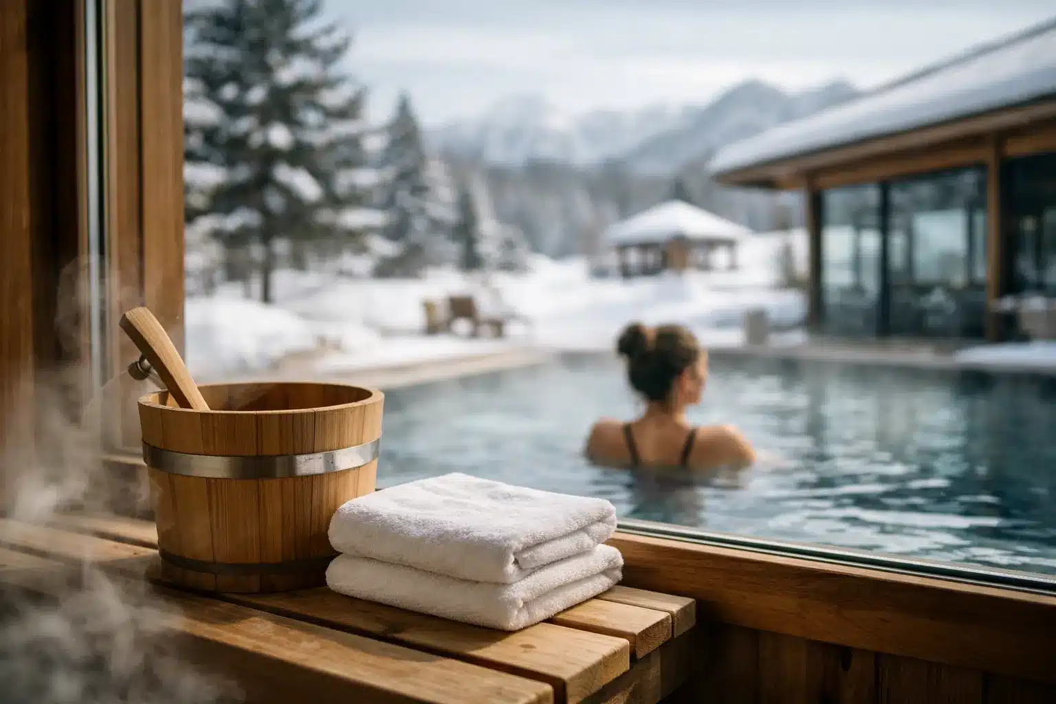 Wellness Wochenende Ideen: Sauna und Therme in einer ruhigen Winterlandschaft