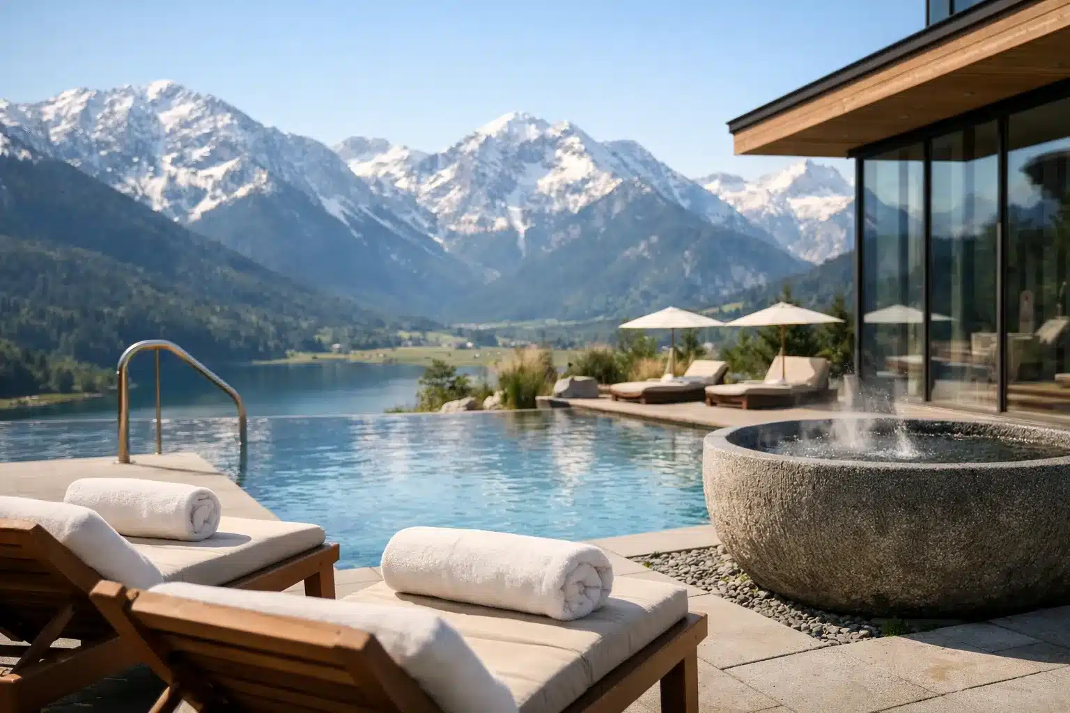 Blick auf Alpen und Spa Bereich: Inspiration für Spa-Wochenende in Bayern