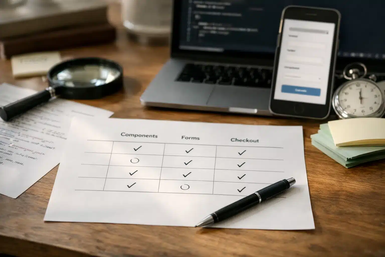 Entscheidungsmatrix für Frontend Testing bei Komponente, Formular und Checkout