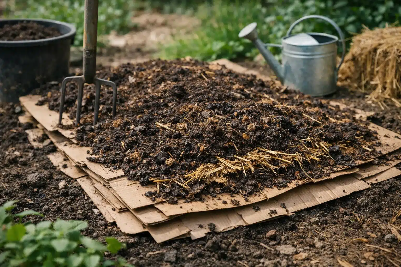 Garten ohne Umgraben mit Karton und Kompost schichtweise angelegt