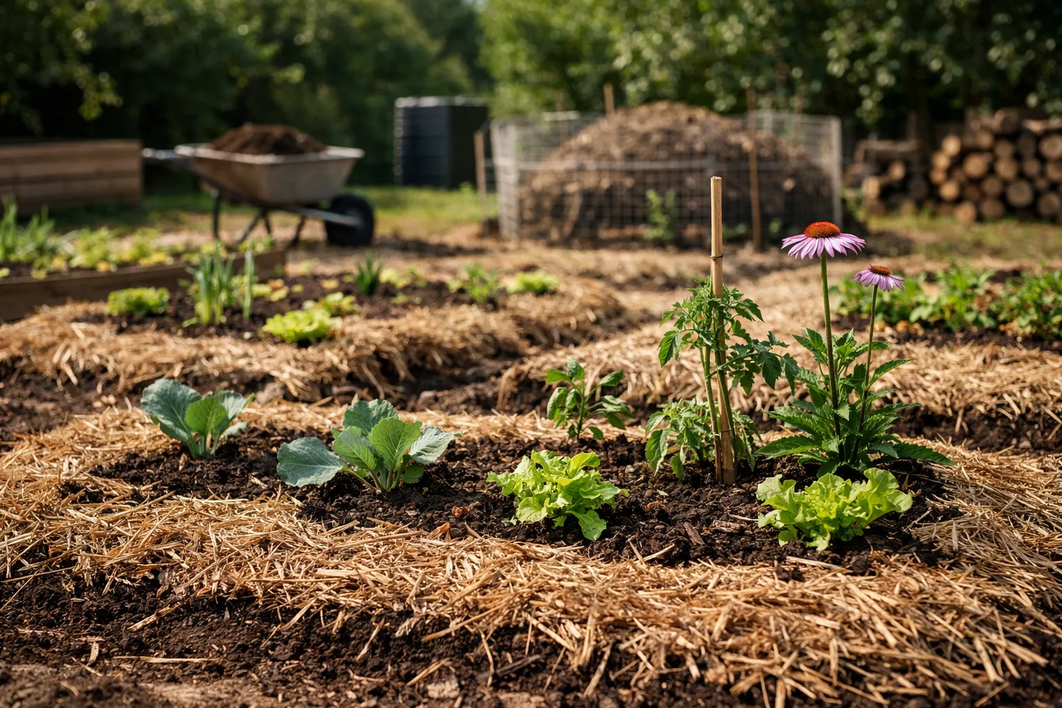 no-dig-garten auf ehemaliger Rasenfläche mit erster Bepflanzung