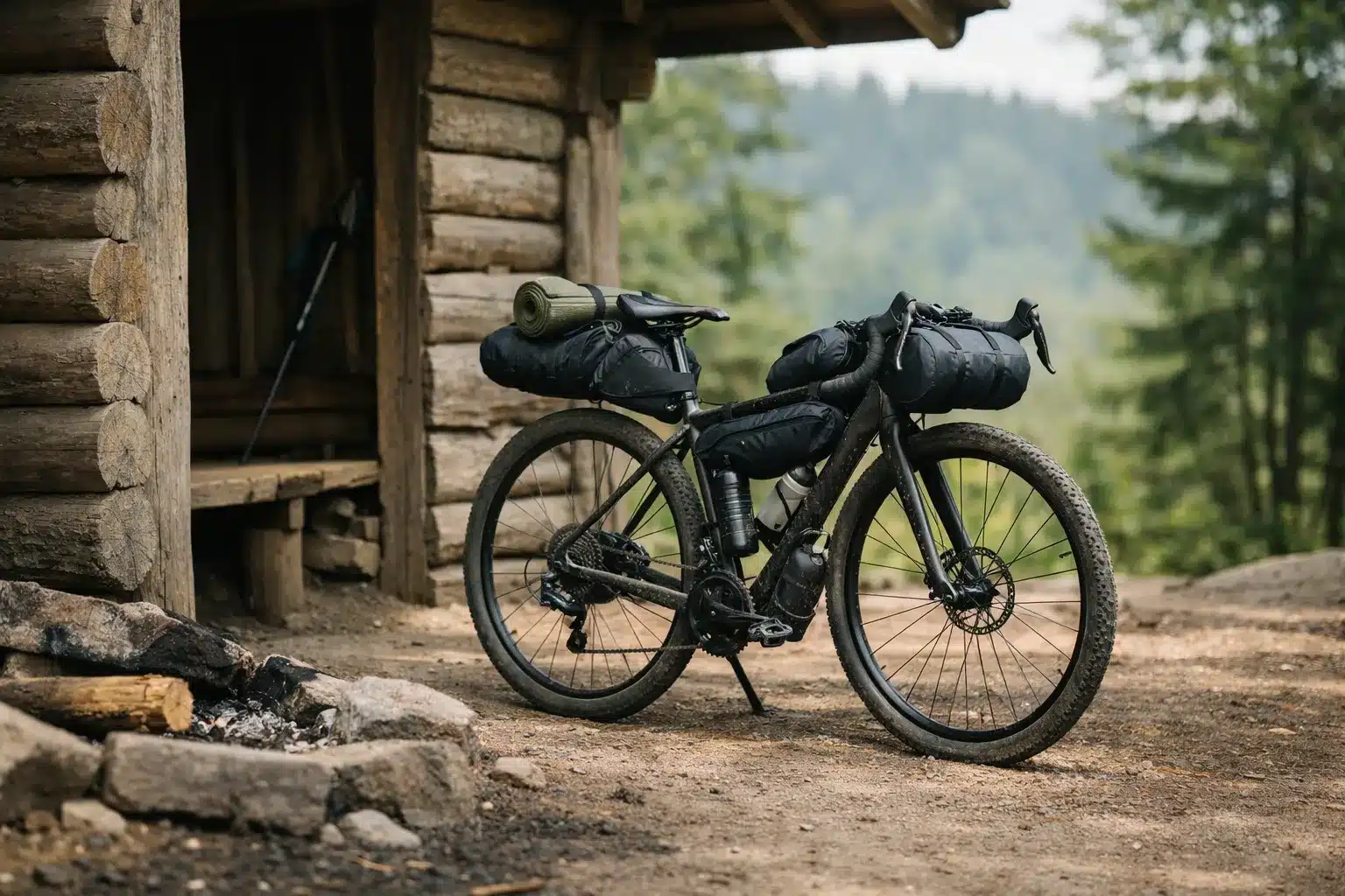 bikepacking schwarzwald gravel: Gepäcktes Gravelbike an einer Schutzhütte