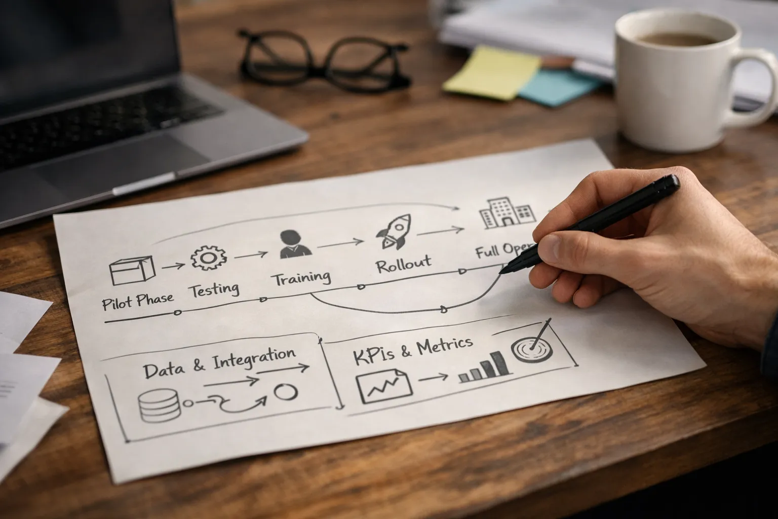 Skizze eines Rollout-Fahrplans für KI im Kundenservice vom Pilot bis zum Betrieb